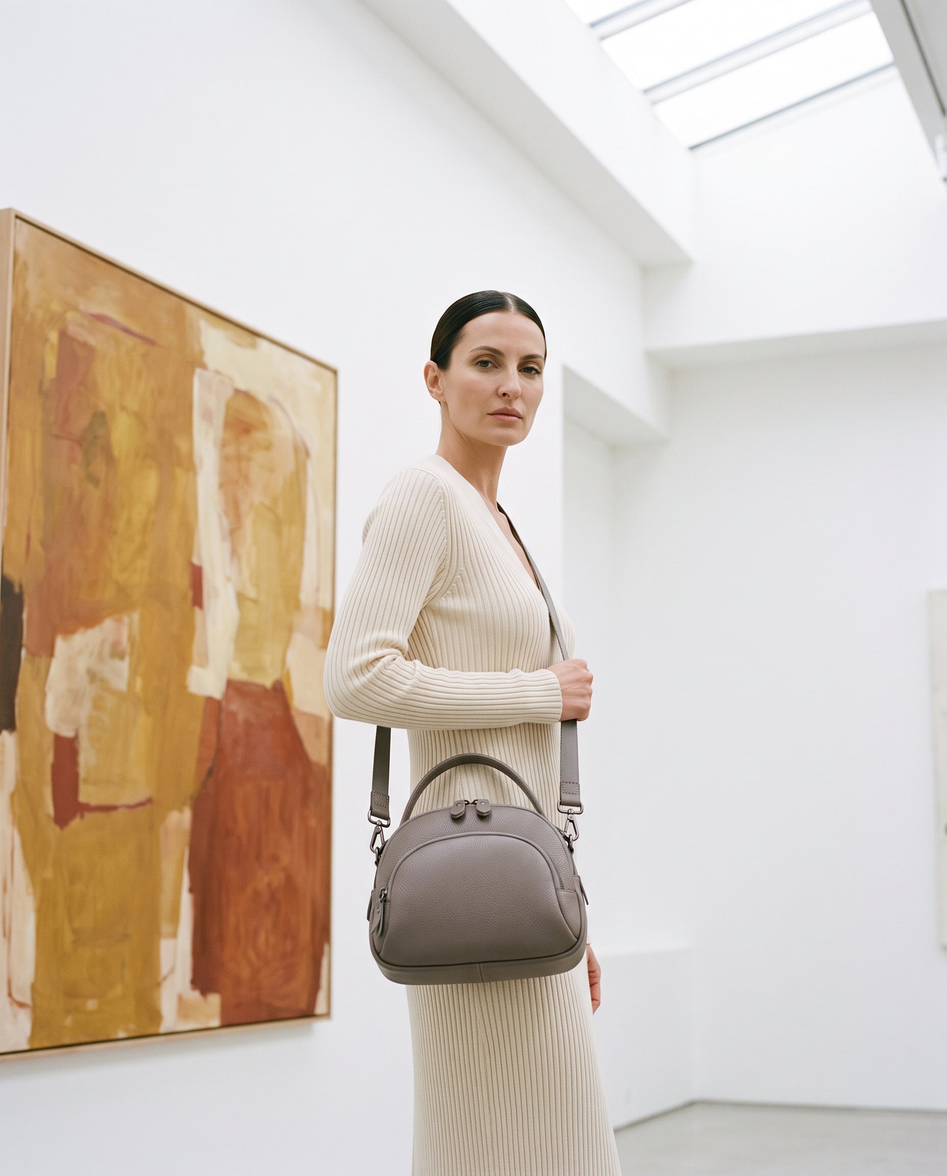 Sac CLEO gris, porté dans une galerie d'art