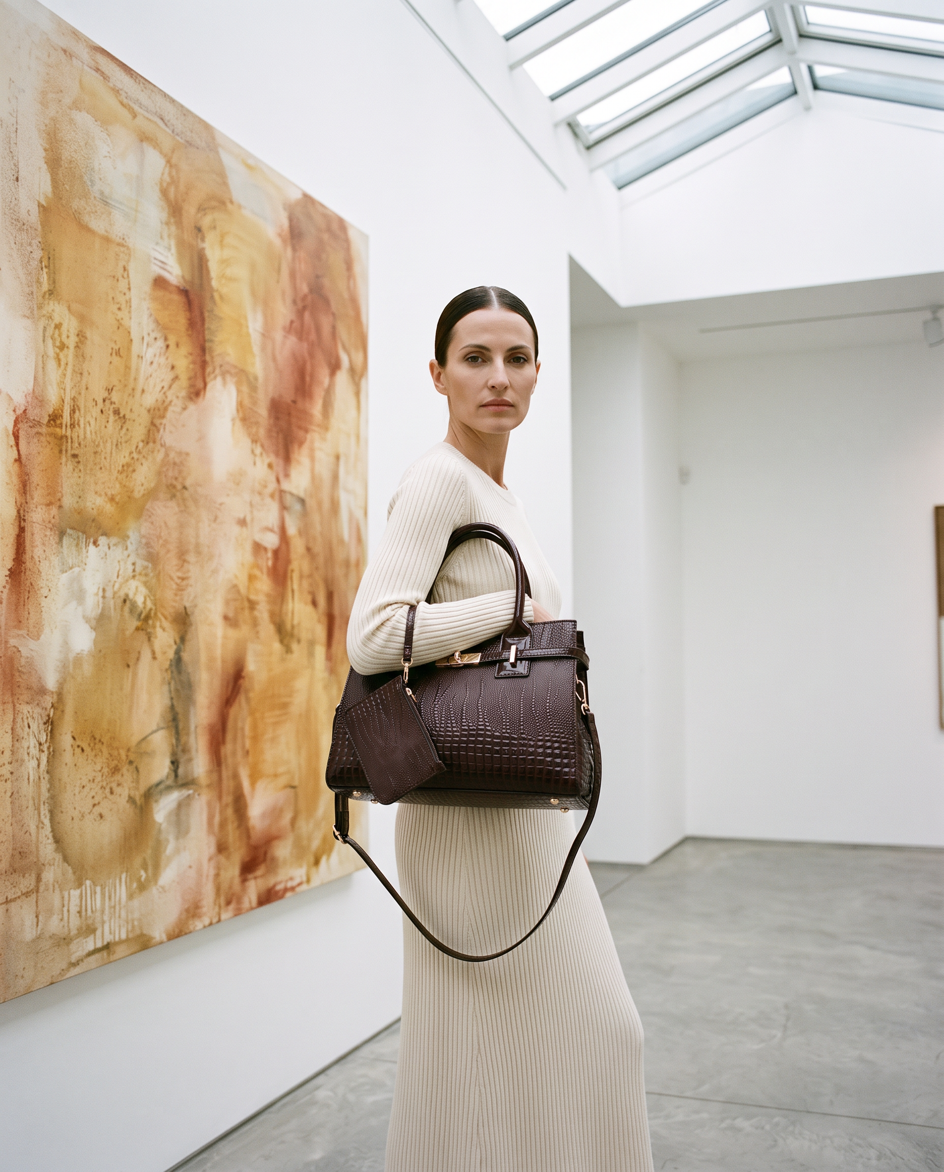 Sac AUDREY marron foncé, porté dans une galerie d'art