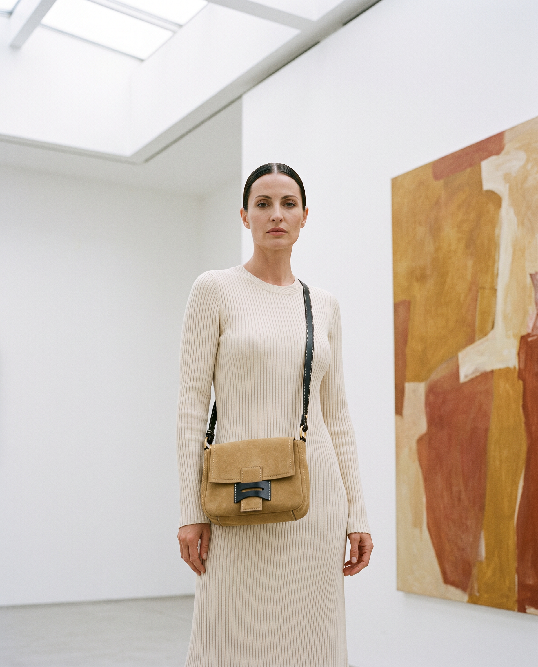 Sac SIENNA camel, porté dans une galerie d'art