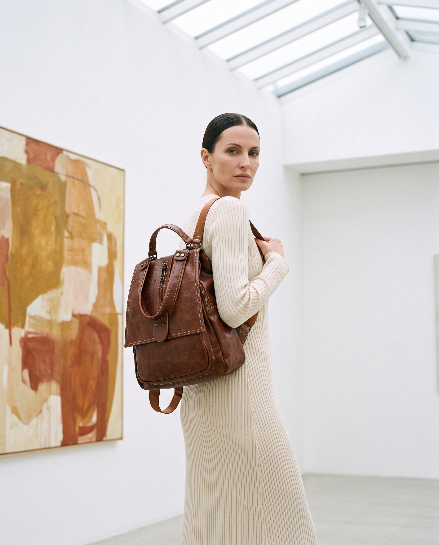 Sac à dos INGRID marron, porté dans une galerie d'art