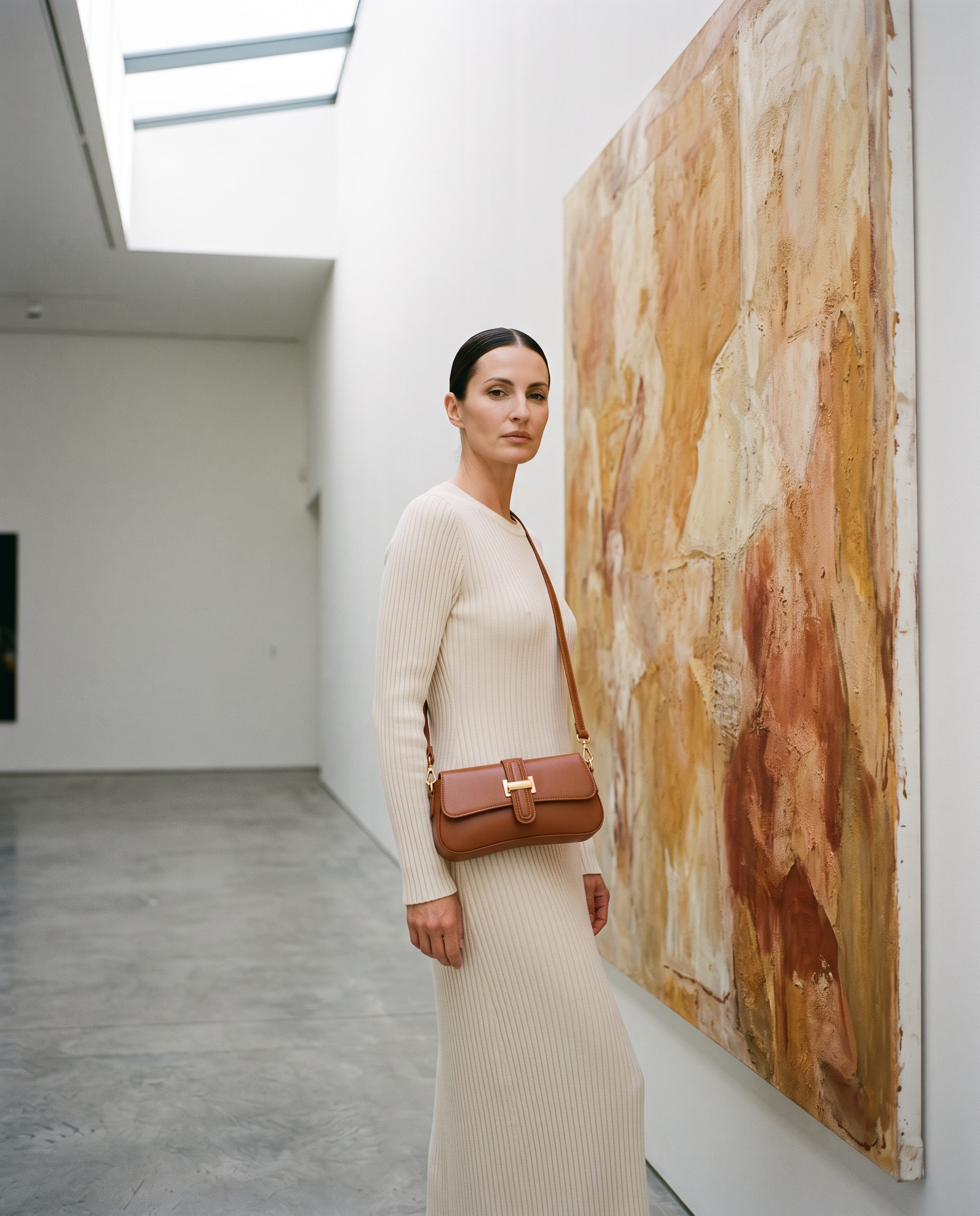 Sac HARLOW marron, porté dans une galerie d'art