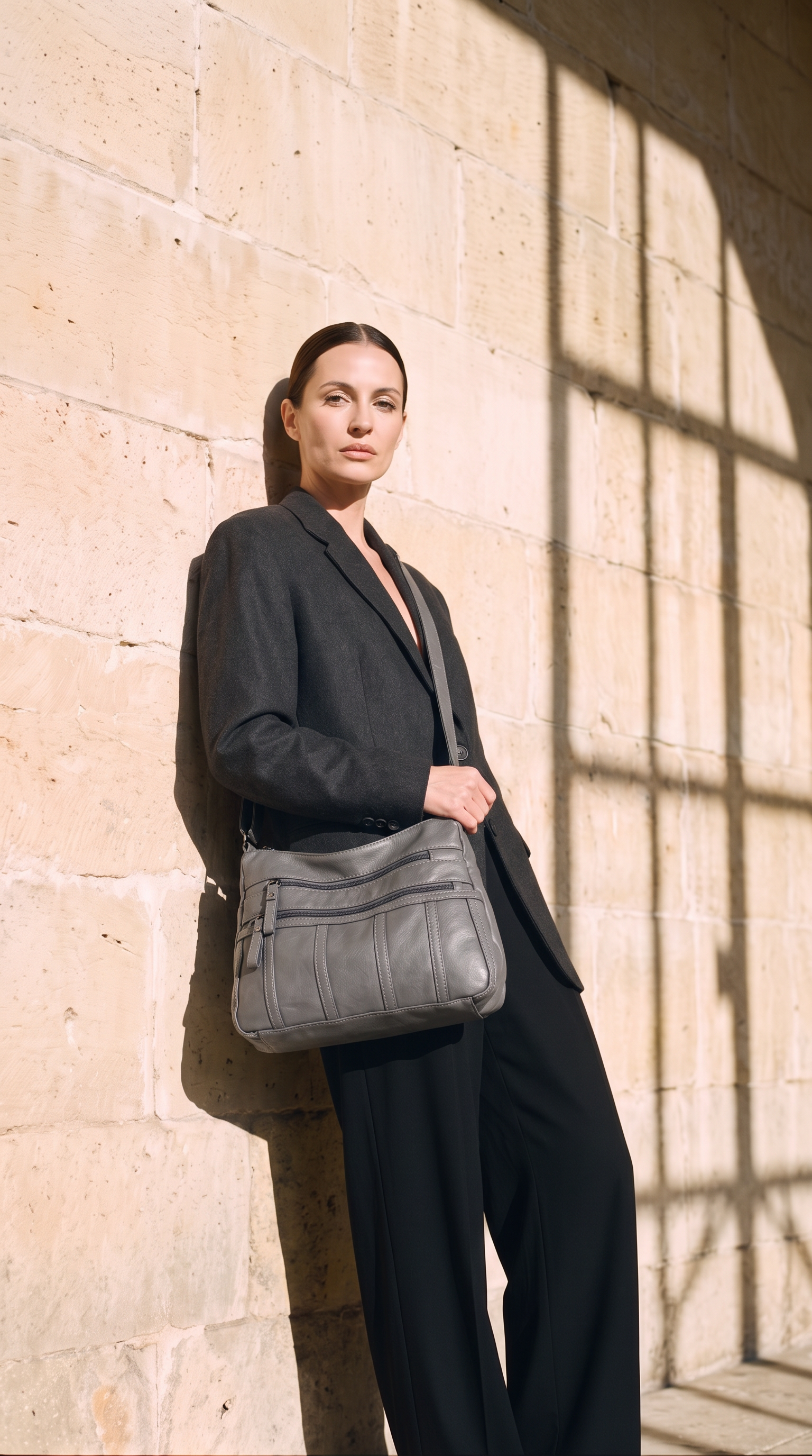 Sac TESSA gris, porté devant un mur de pierre