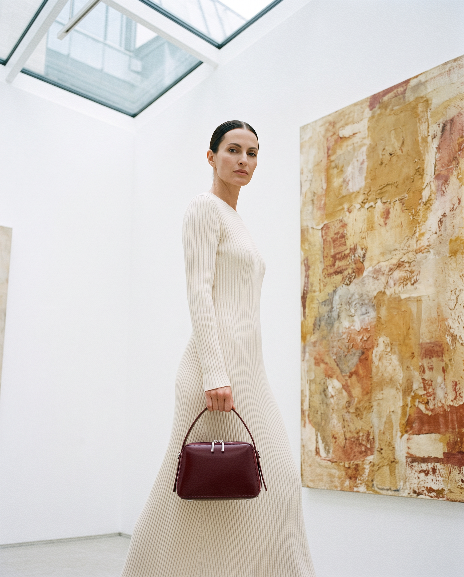Sac BELLA bordeaux, porté dans une galerie d'art