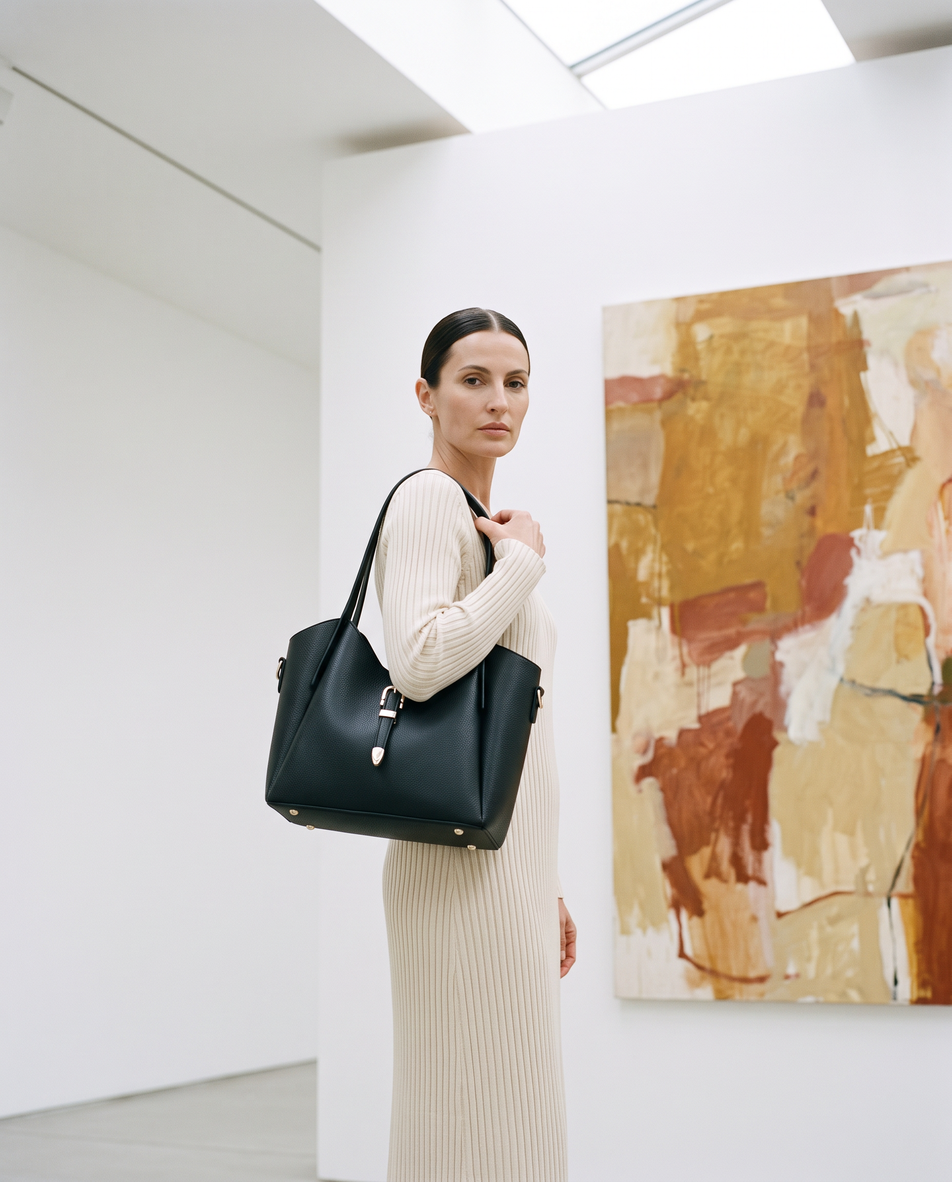 Sac cabas GIULIA noir, porté dans une galerie d'art