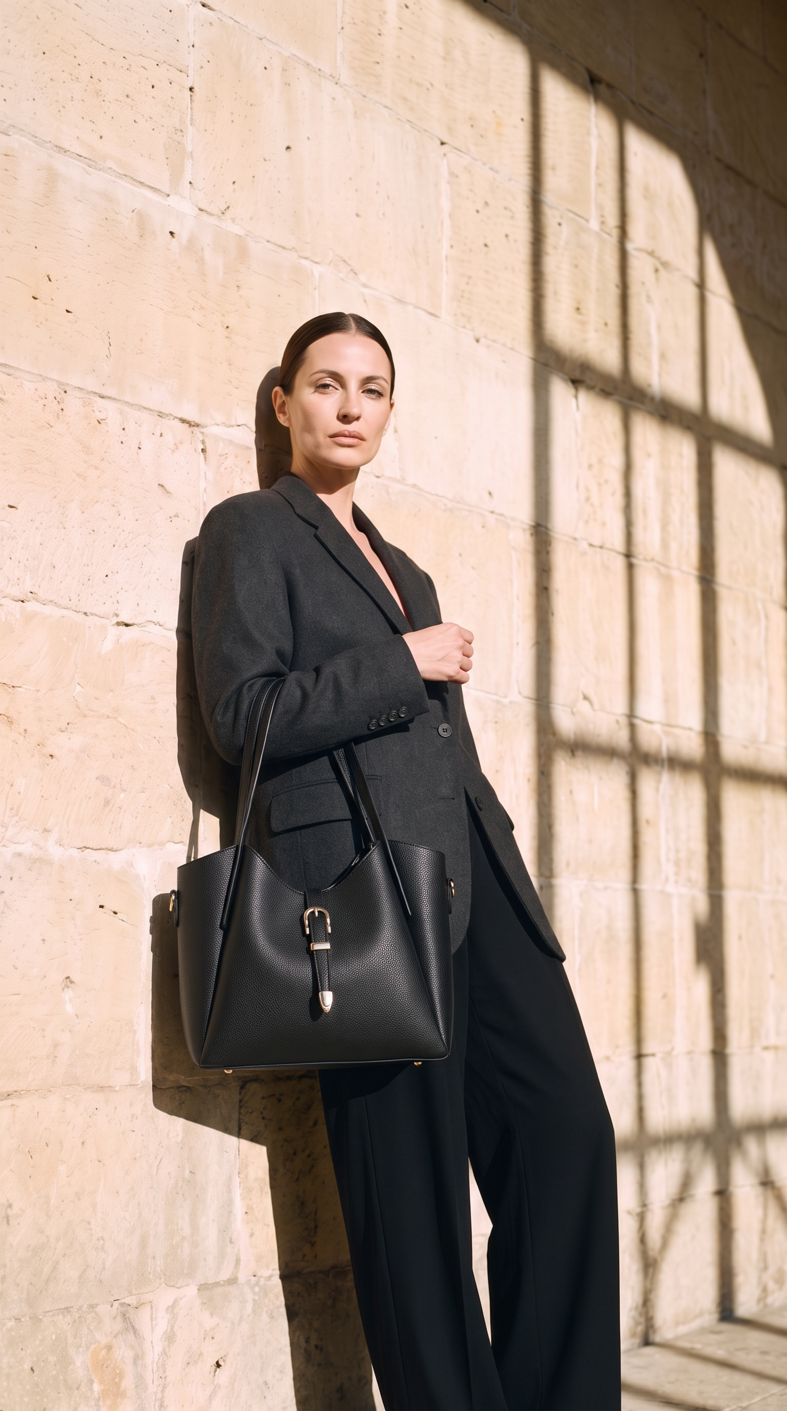 Sac cabas GIULIA noir, porté devant un mur de pierre
