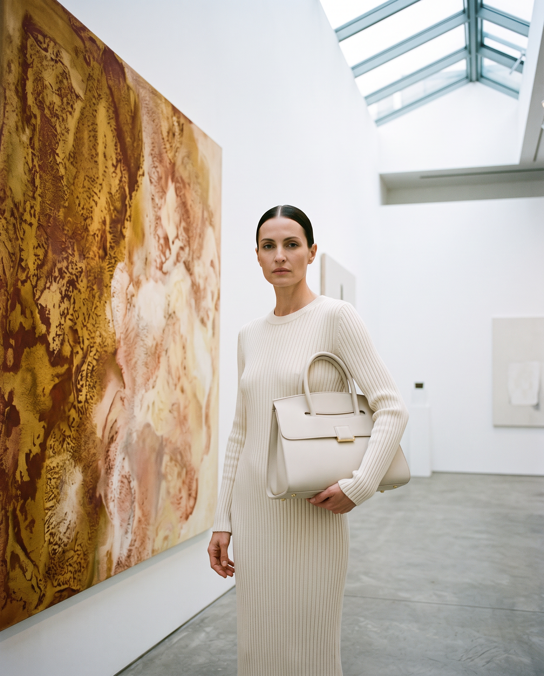 Sac à main MADISON crème, porté dans une galerie d'art