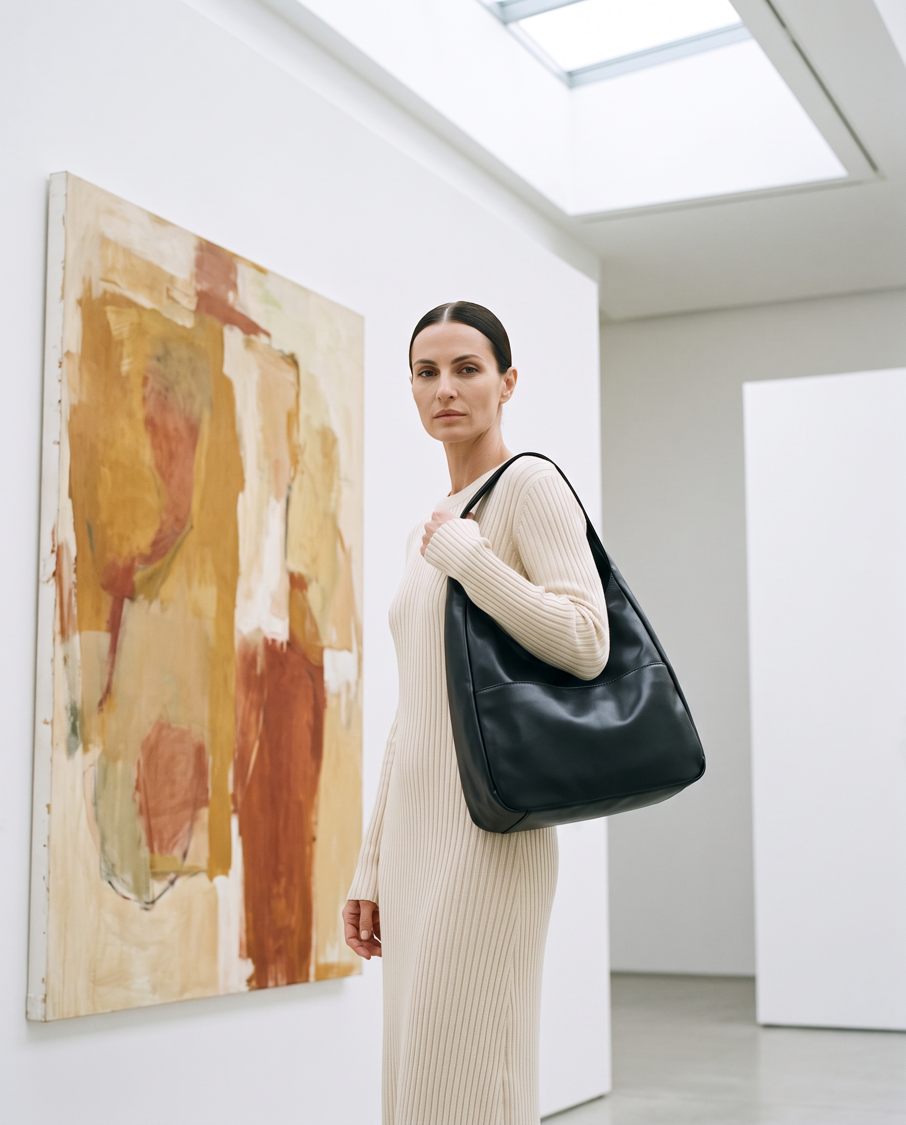 Sac hobo DAKOTA noir, porté dans une galerie d'art
