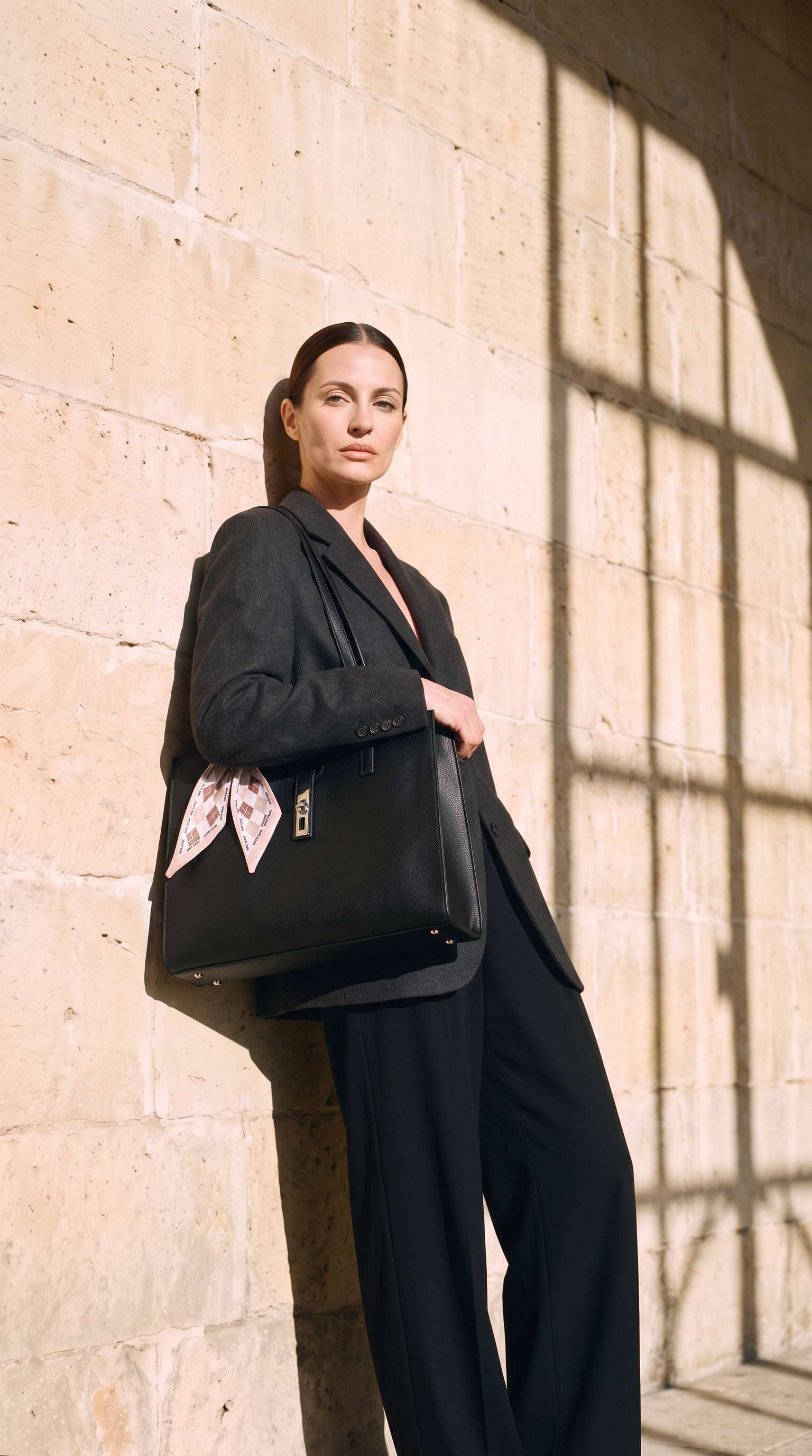 Sac cabas BIANCA noir, porté devant un mur de pierre