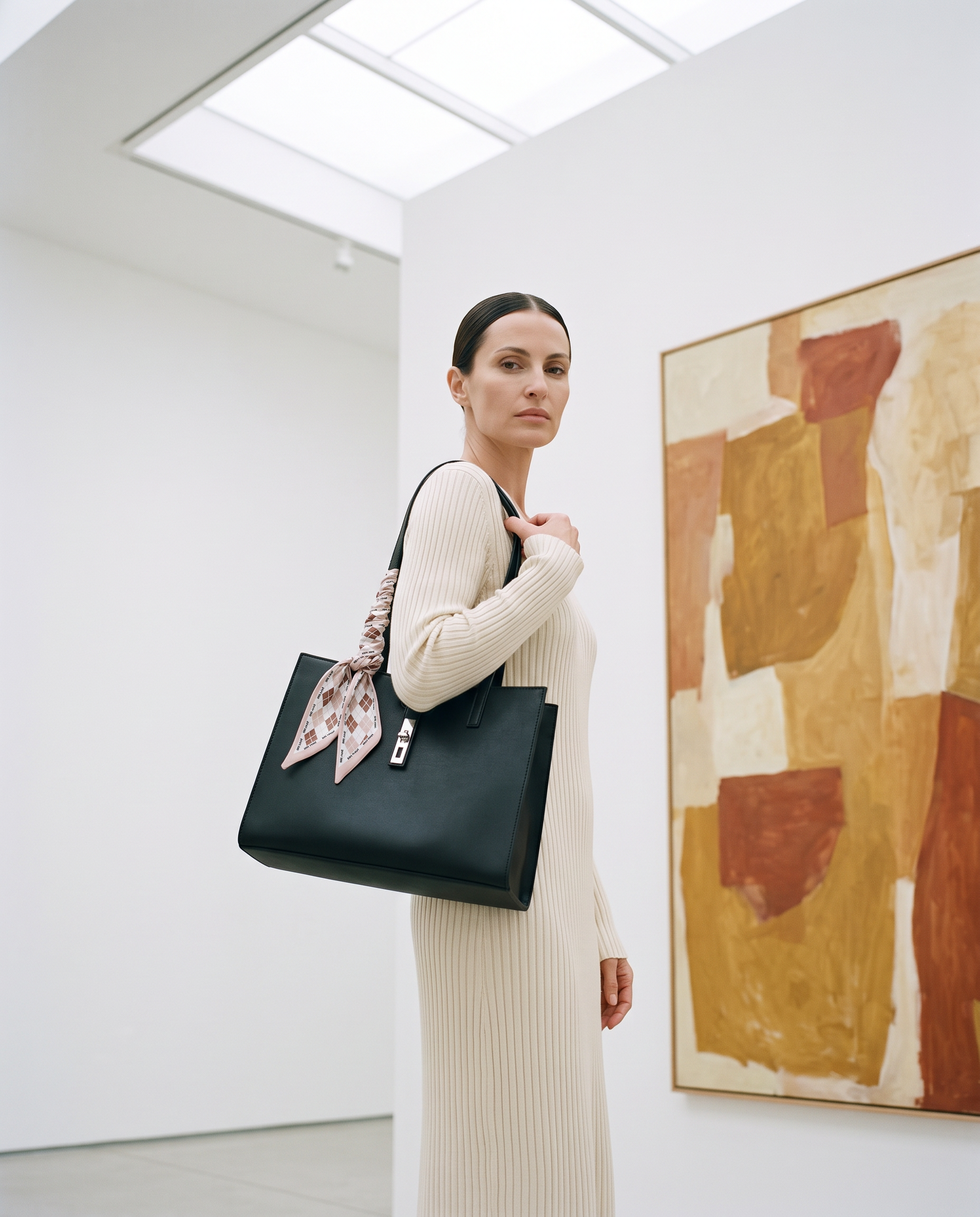 Sac cabas BIANCA noir, porté dans une galerie d'art