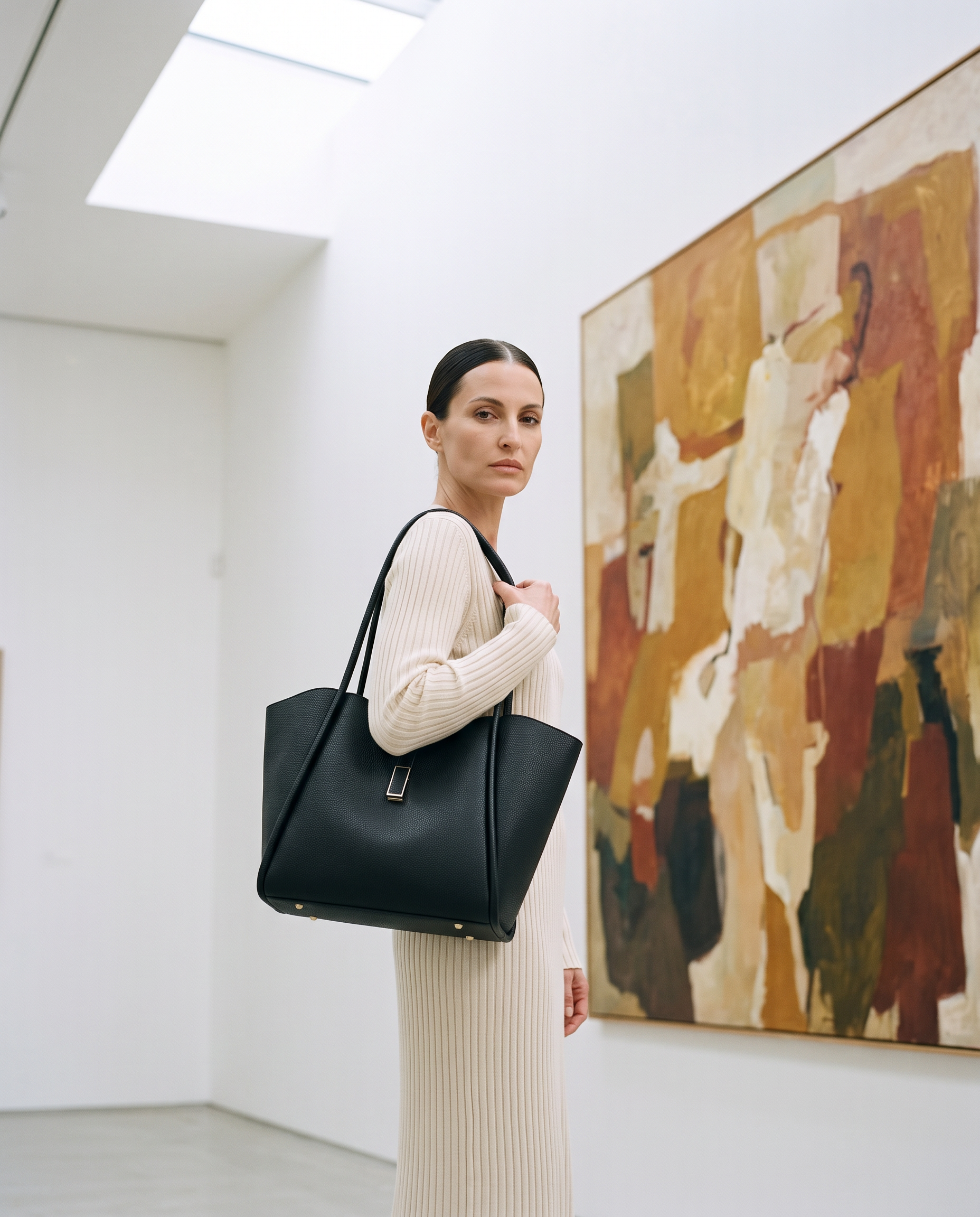 Sac cabas MARIANA noir, porté dans une galerie d'art