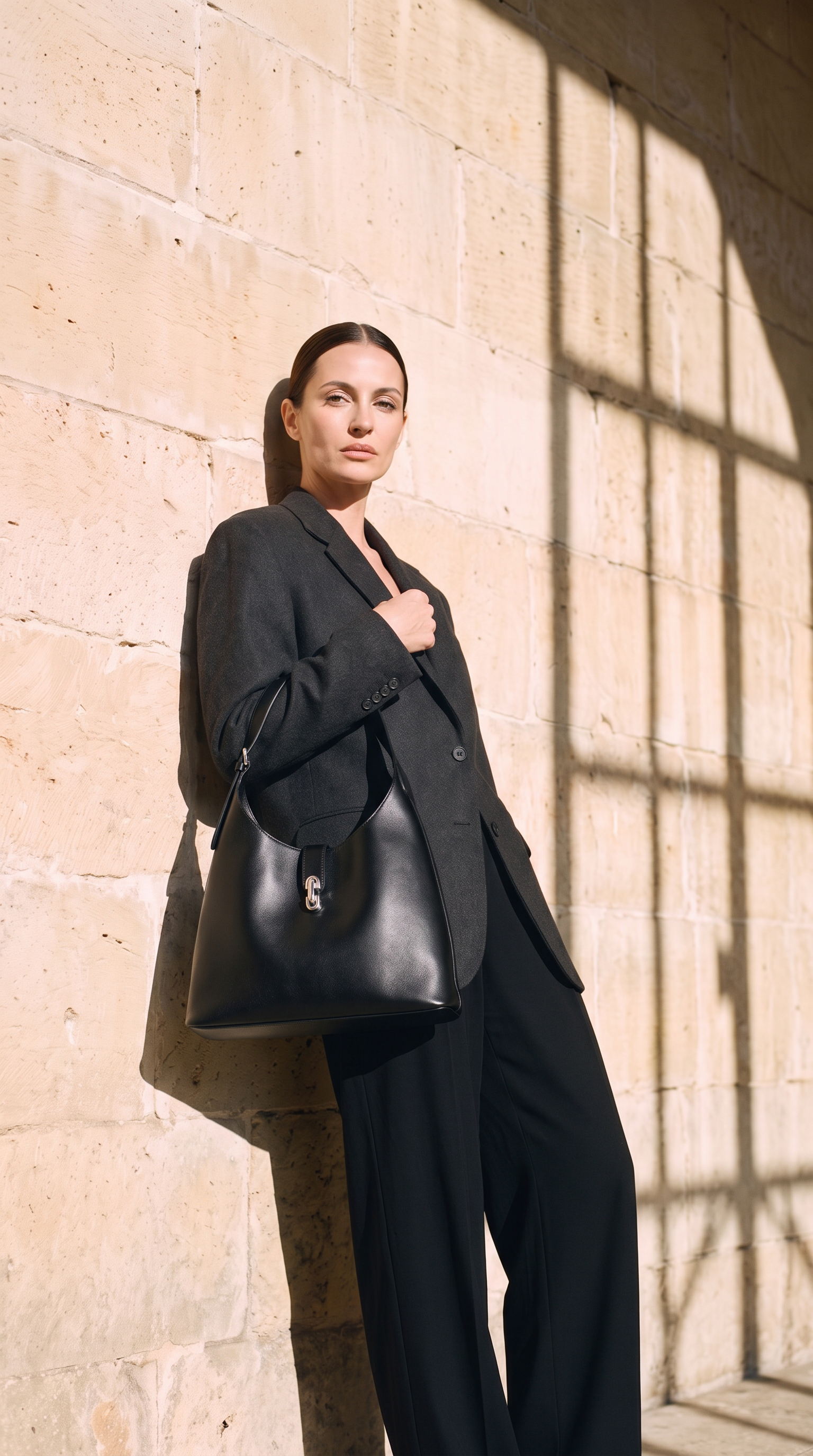 Sac hobo CARMEN noir, porté devant un mur de pierre