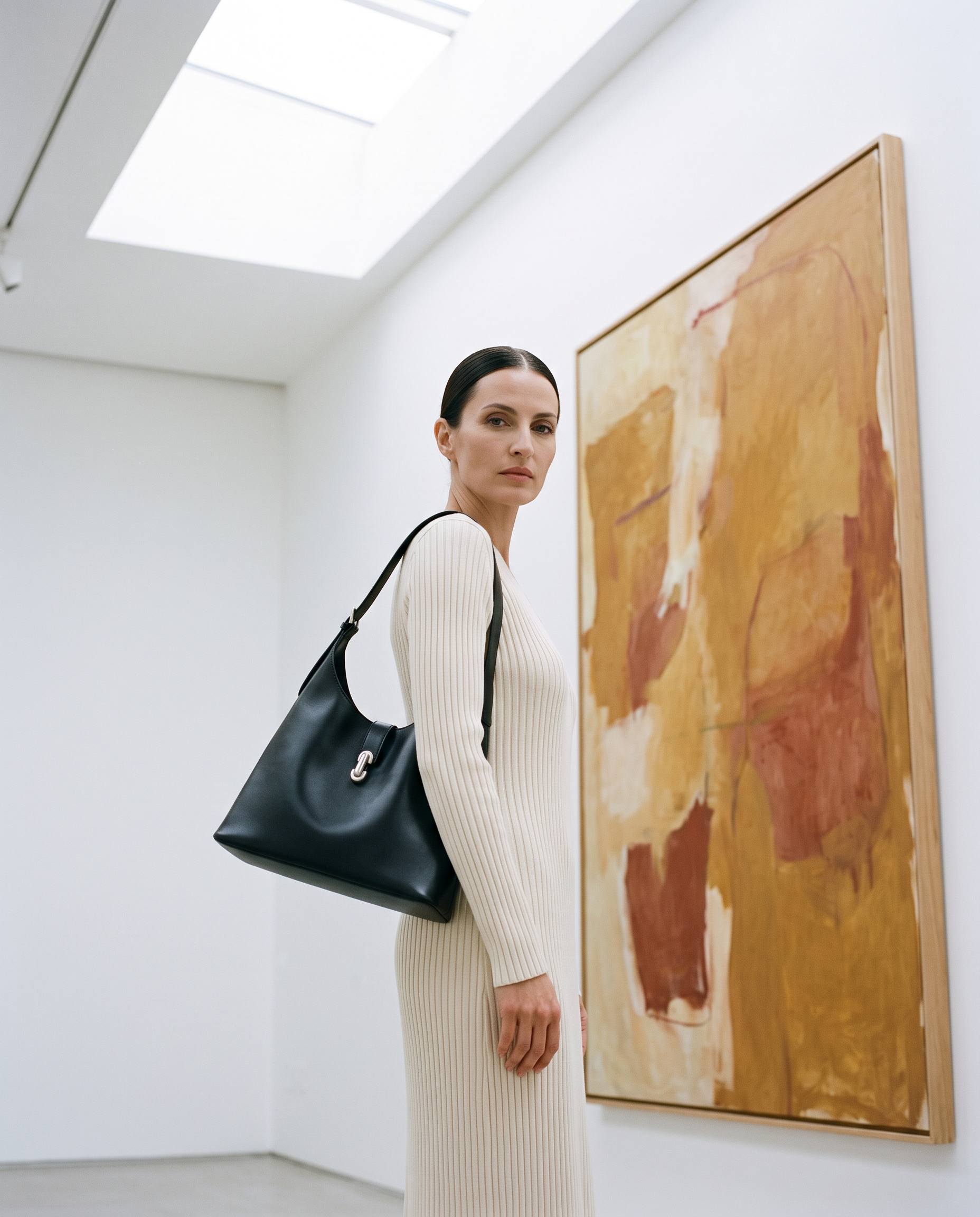 Sac hobo CARMEN noir, porté dans une galerie d'art