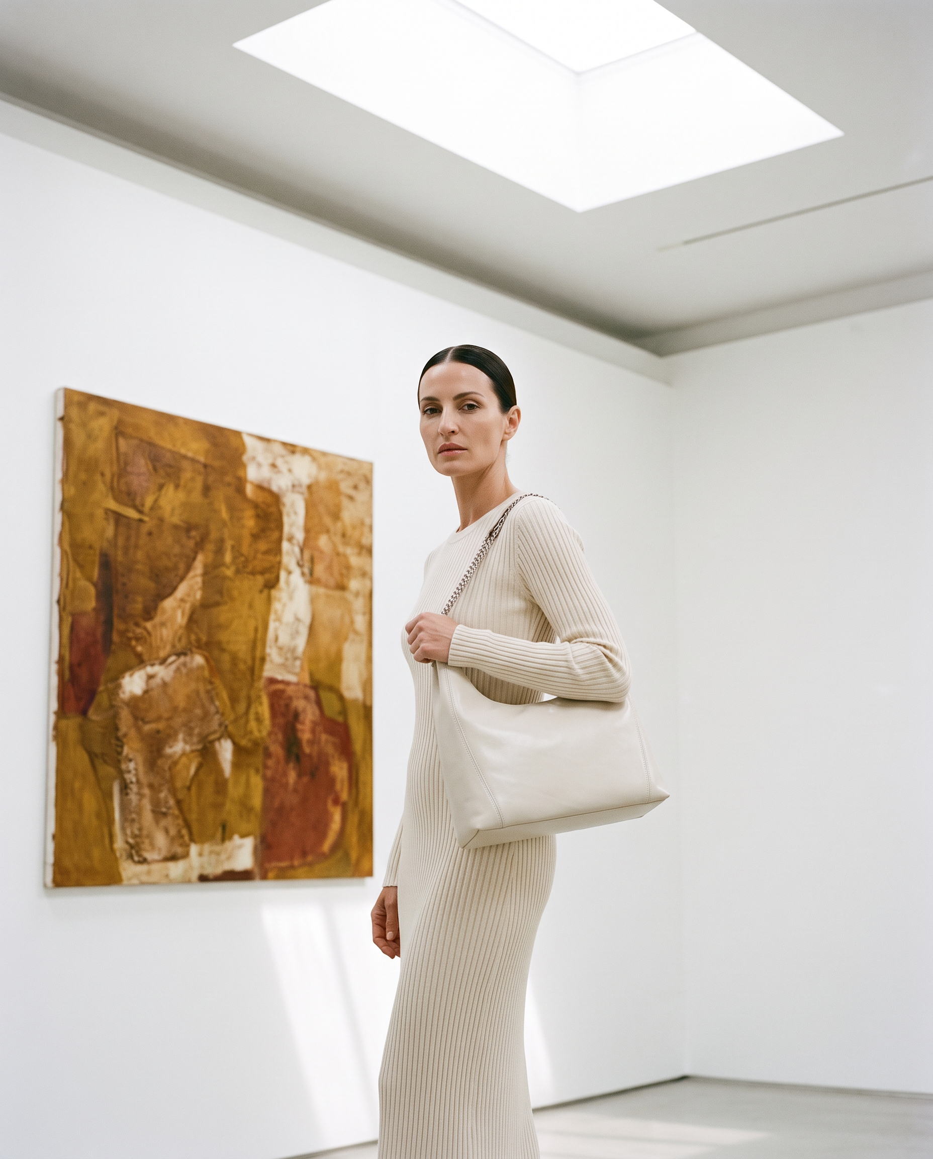 Sac hobo BEATRIZ blanc, porté dans une galerie d'art