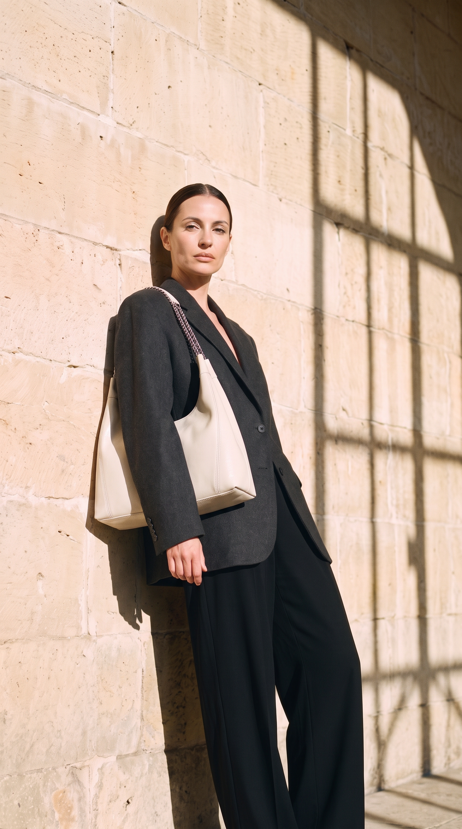 Sac hobo BEATRIZ blanc, porté devant un mur de pierre