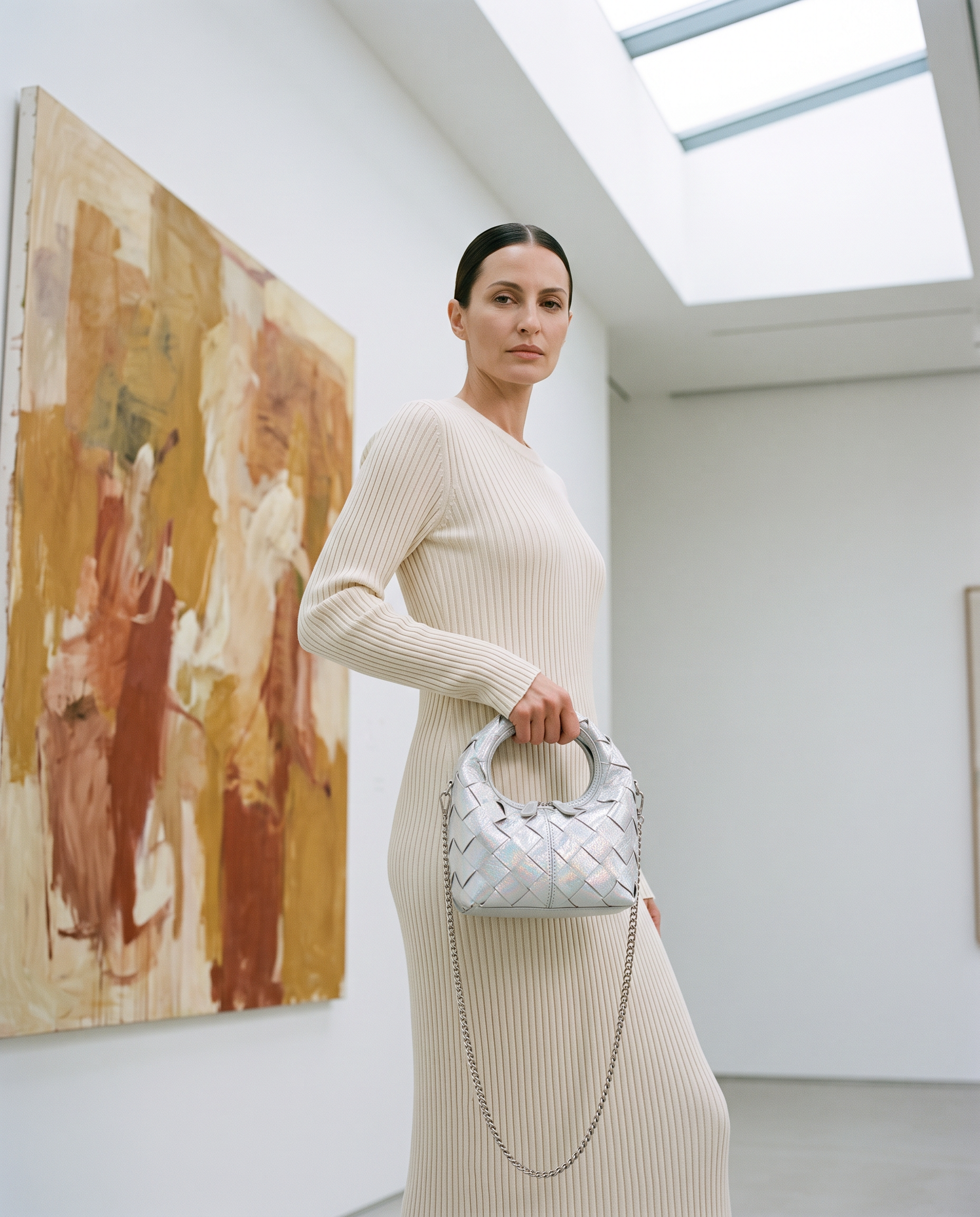 Mini sac AURORA argent, porté dans une galerie d'art