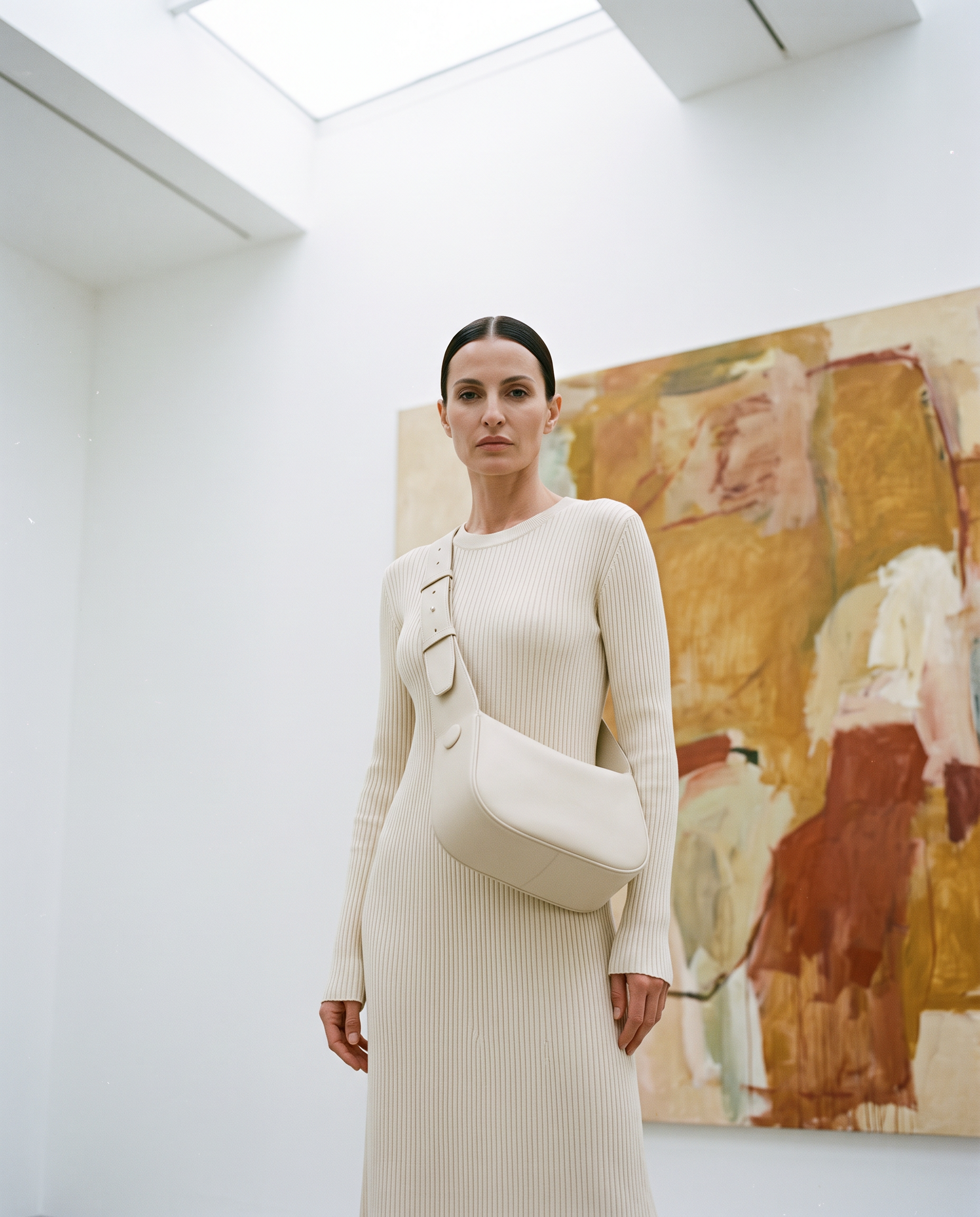 Sac bandoulière LUCIA crème, porté dans une galerie d'art