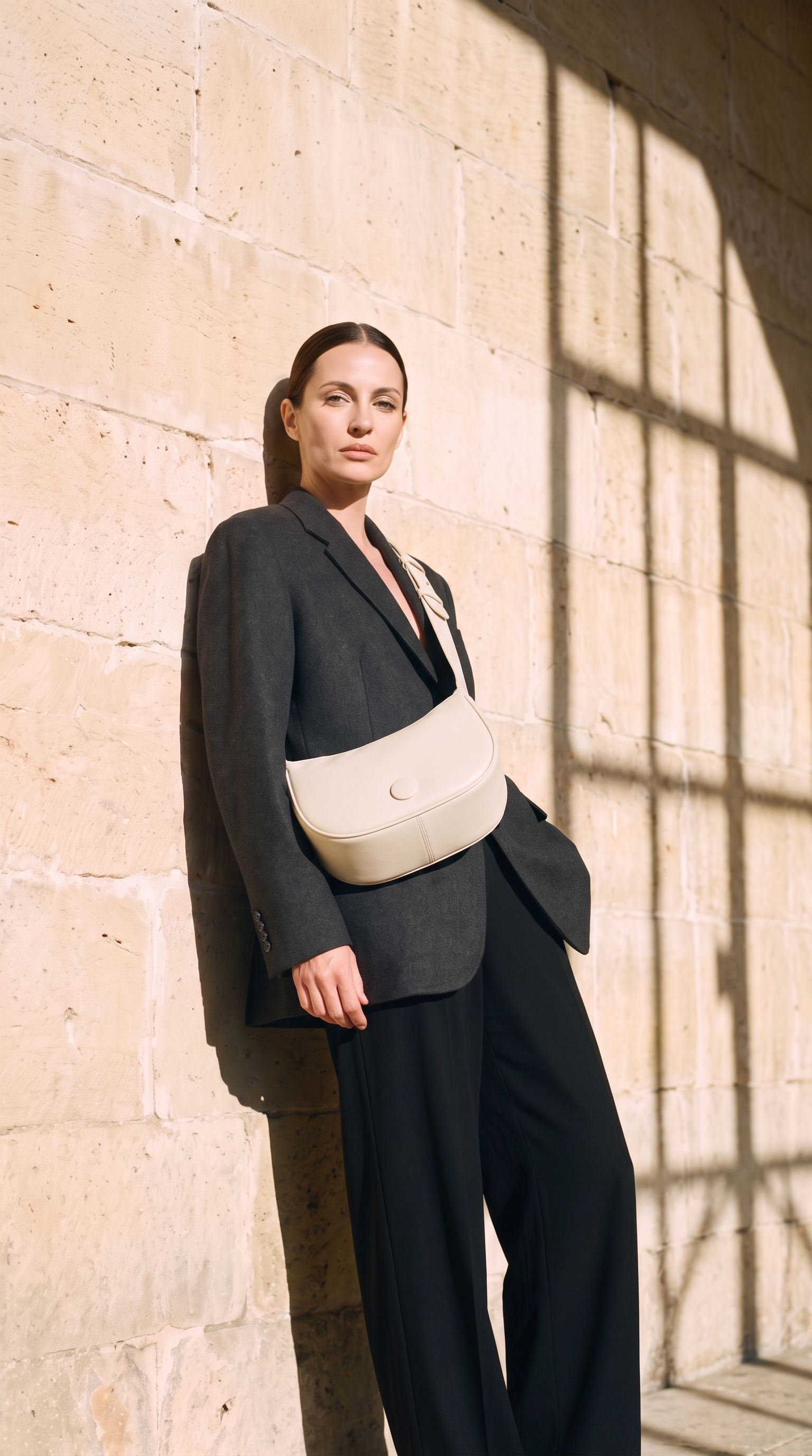 Sac bandoulière LUCIA crème, porté devant un mur de pierre