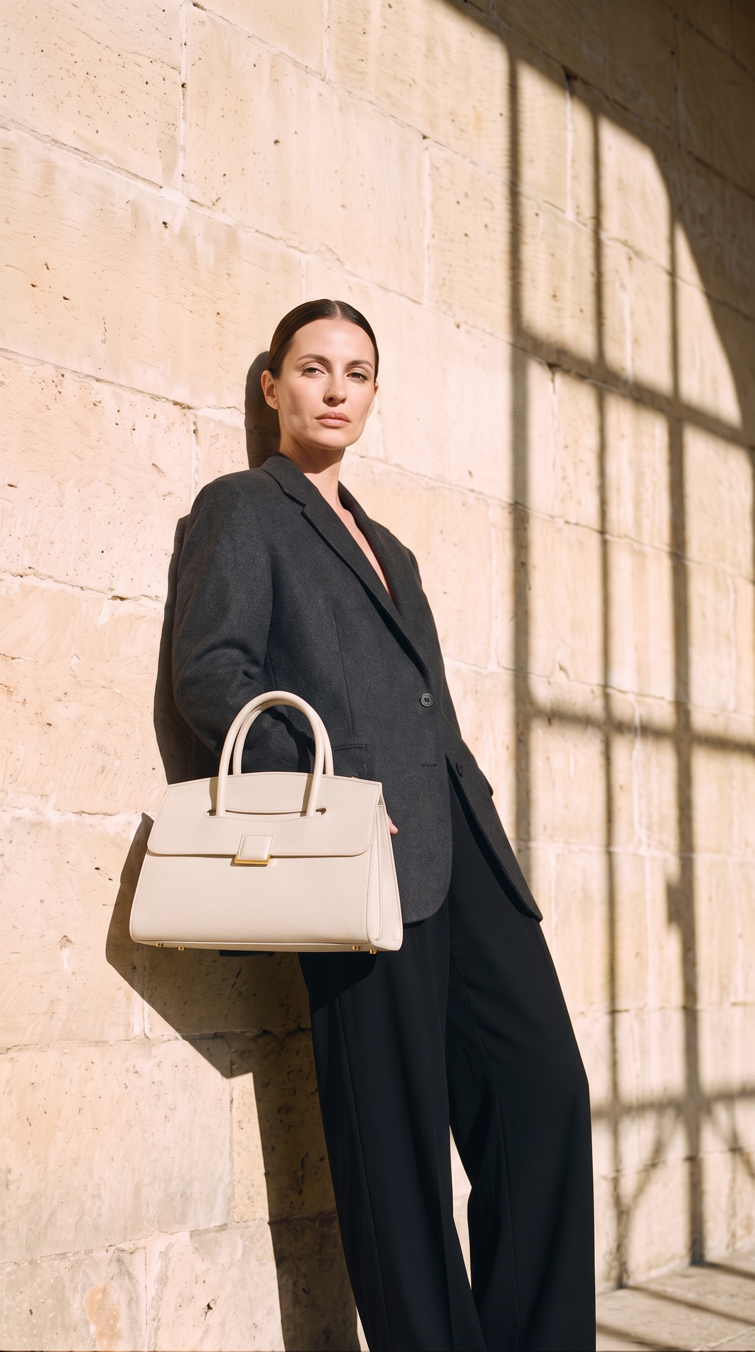 Sac à main MADISON crème, porté devant un mur de pierre