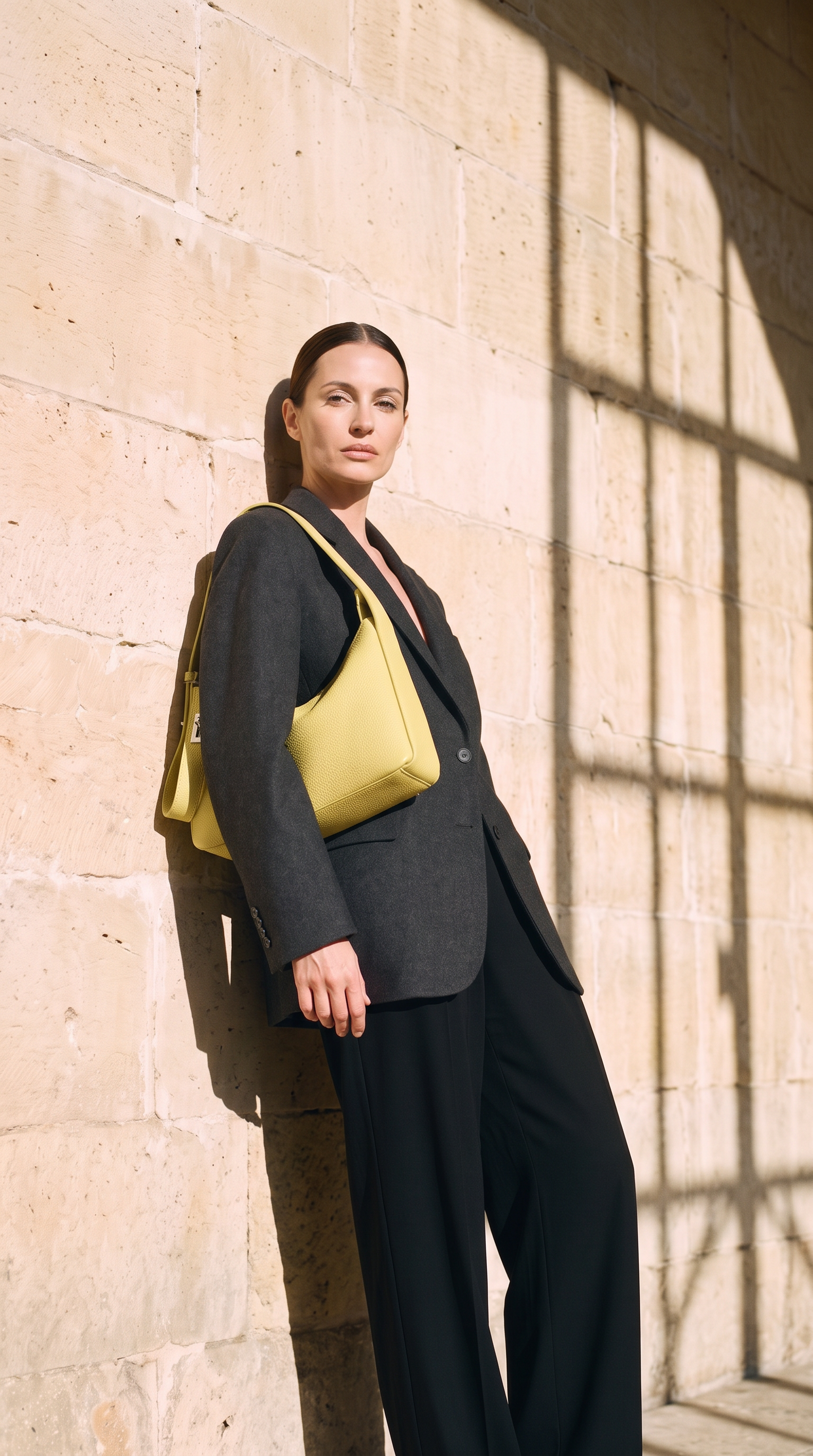 Sac BRUNA jaune, porté devant un mur de pierre