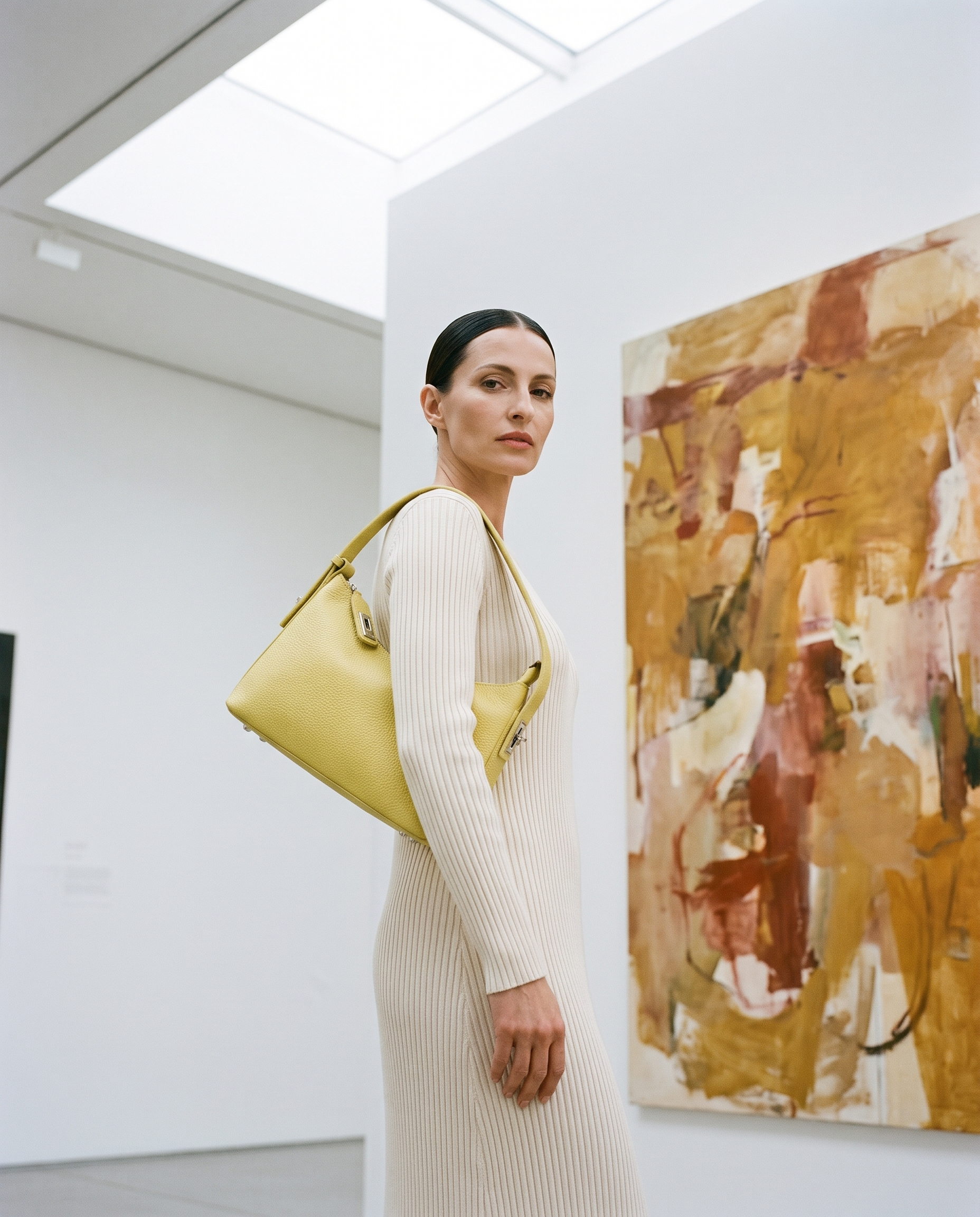 Sac BRUNA jaune, porté dans une galerie d'art