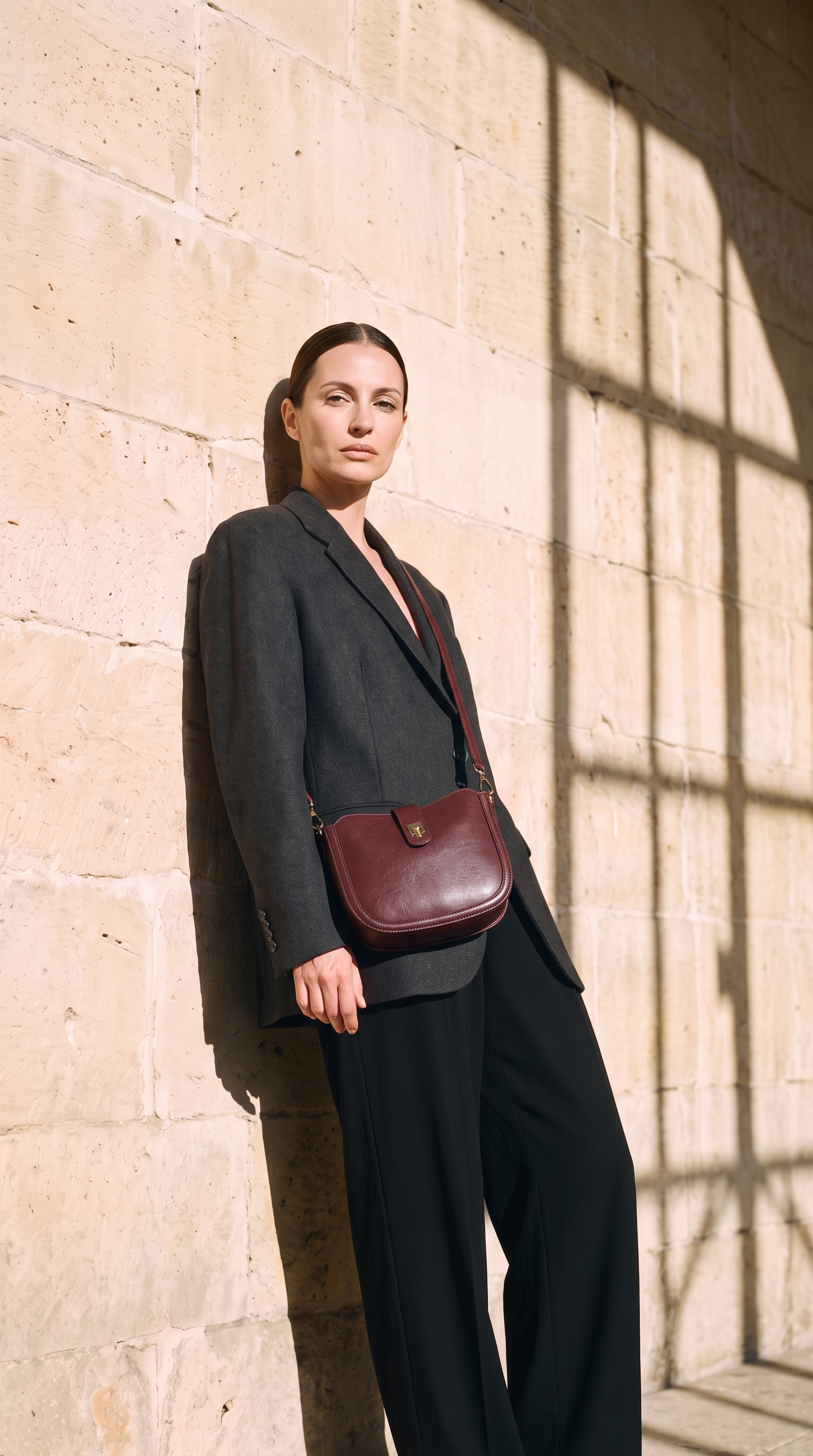 Sac CHIARA bordeaux, porté devant un mur de pierre