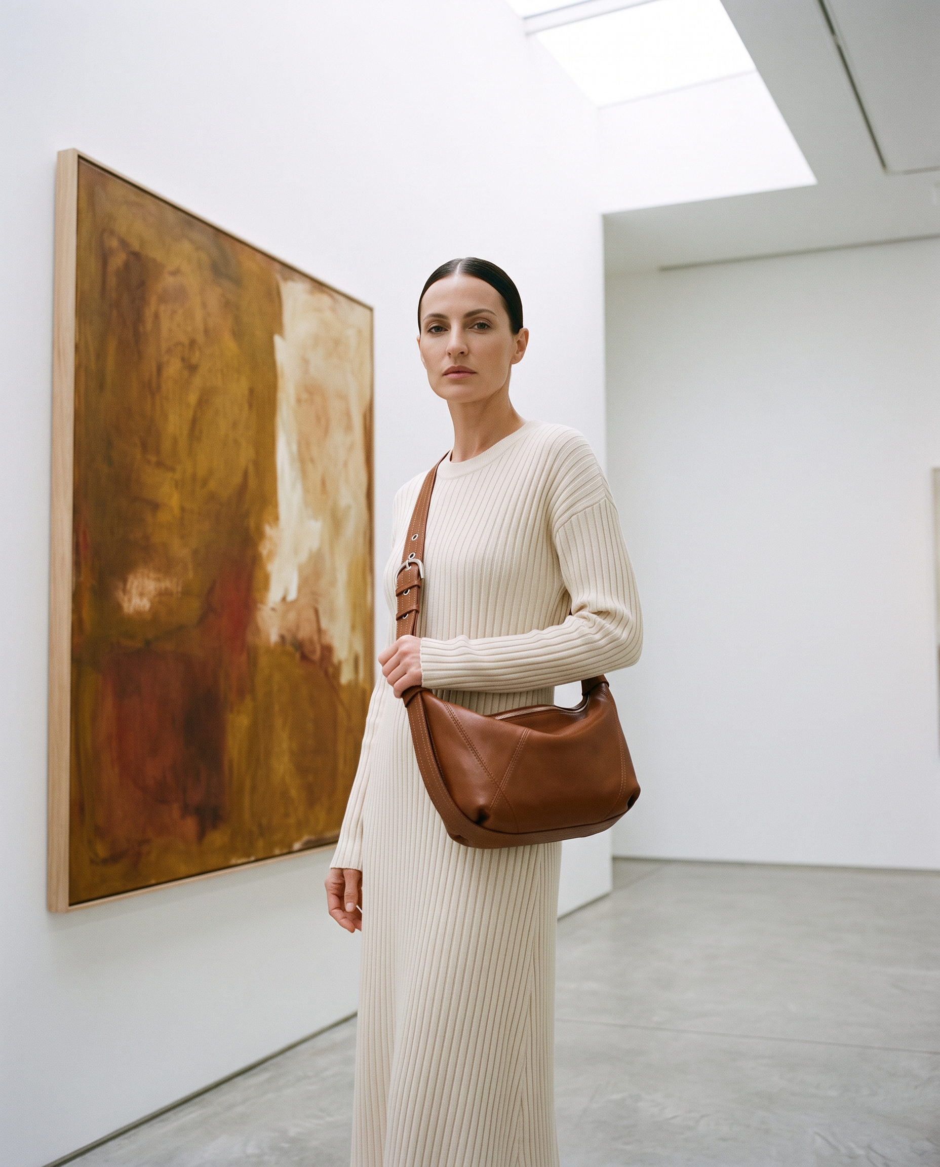 Sac FRIDA marron, porté dans une galerie d'art