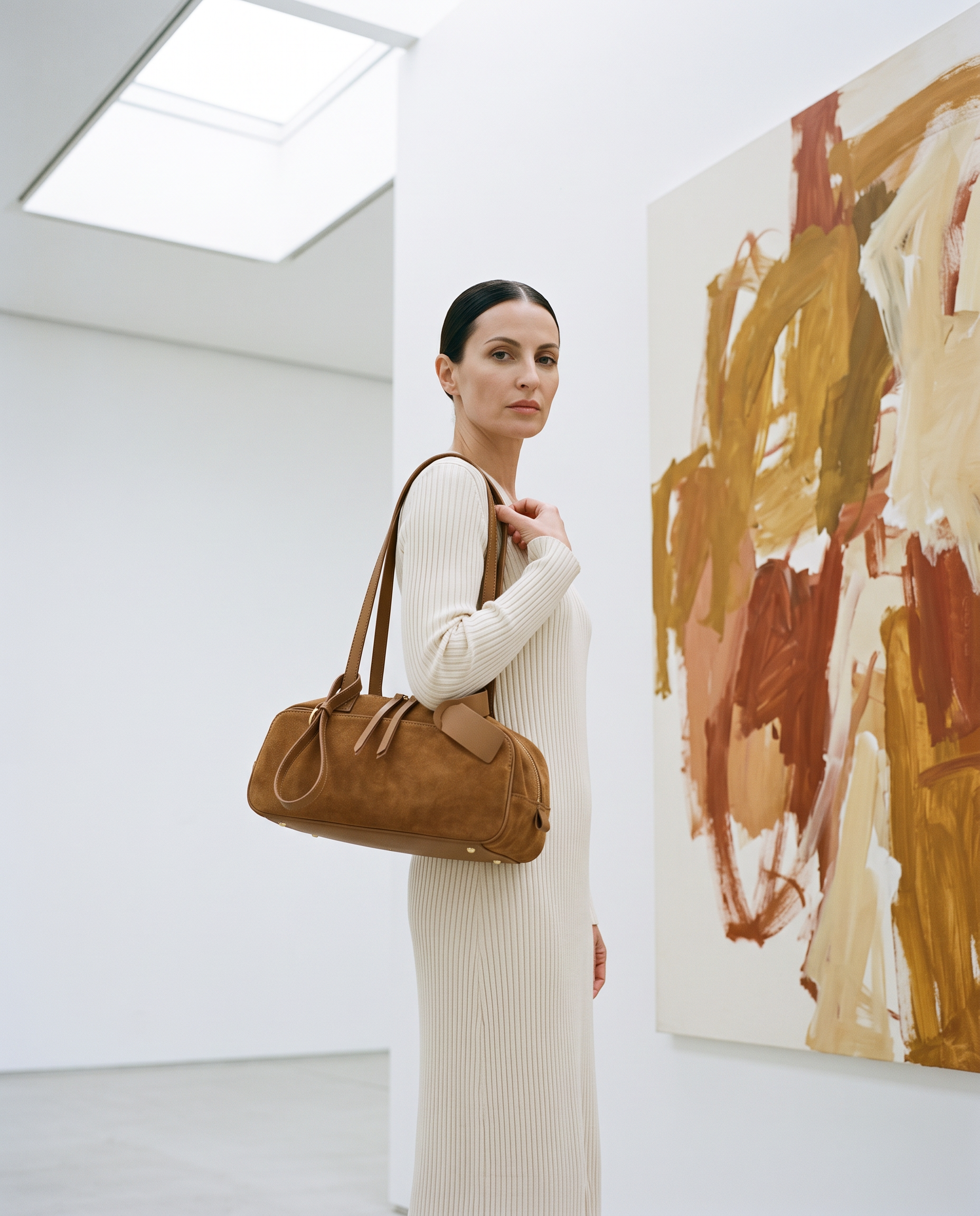 Sac ELIF marron, porté dans une galerie d'art