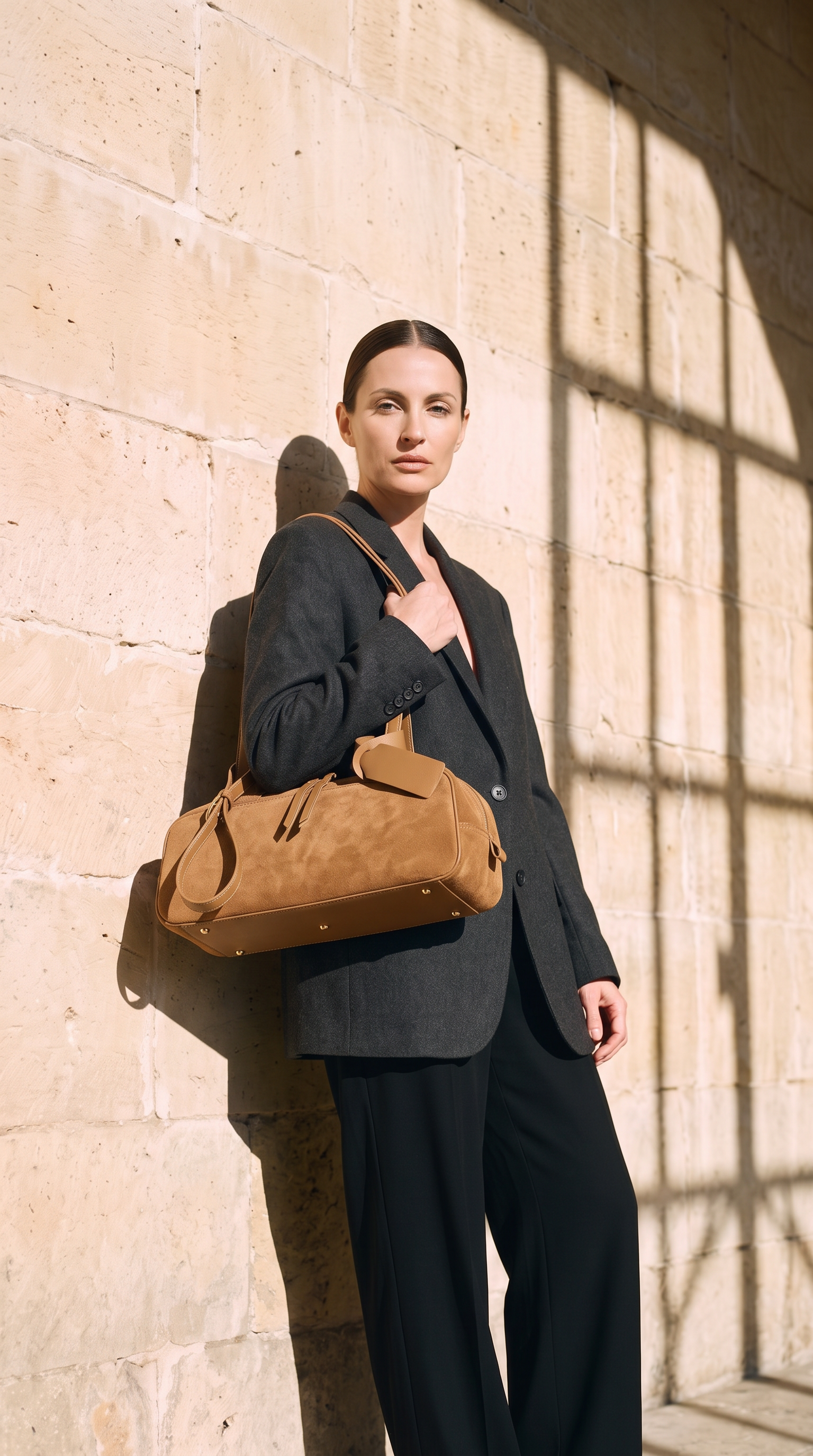 Sac ELIF marron, porté devant un mur de pierre