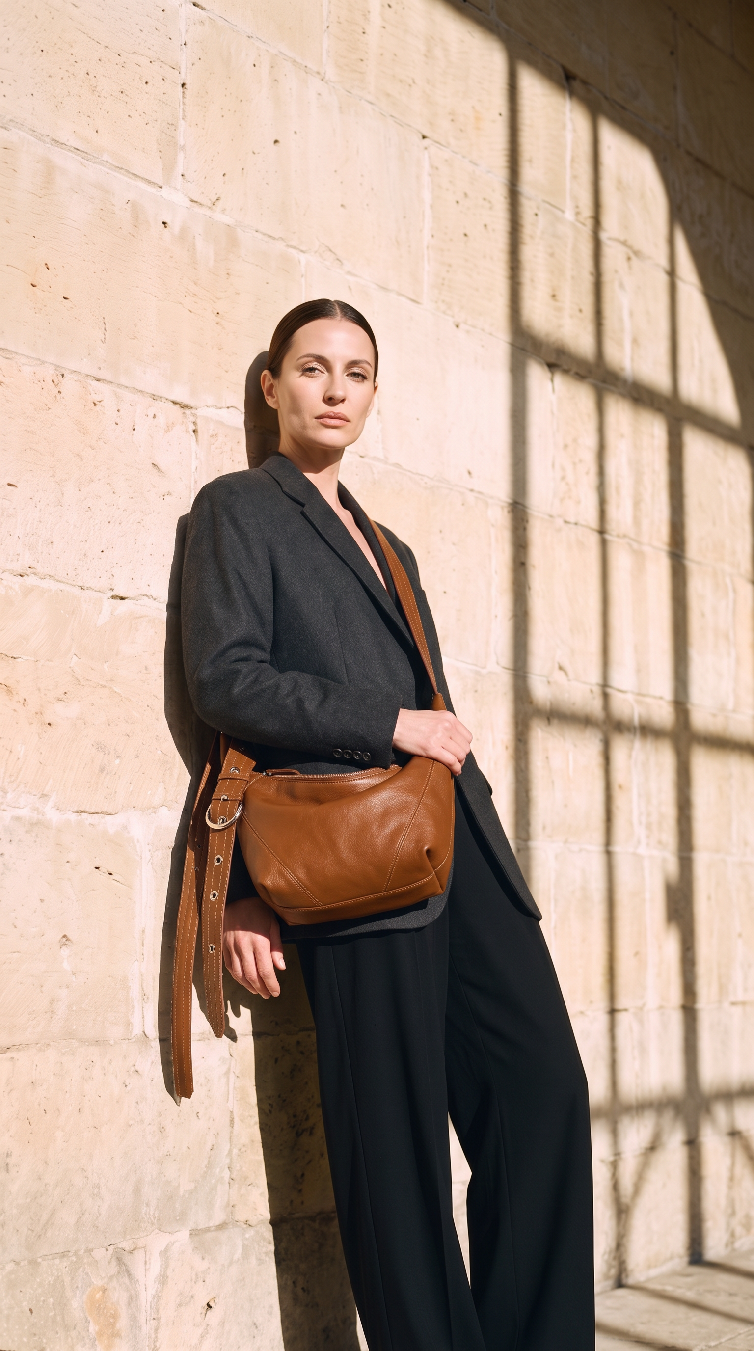 Sac FRIDA marron, porté devant un mur de pierre