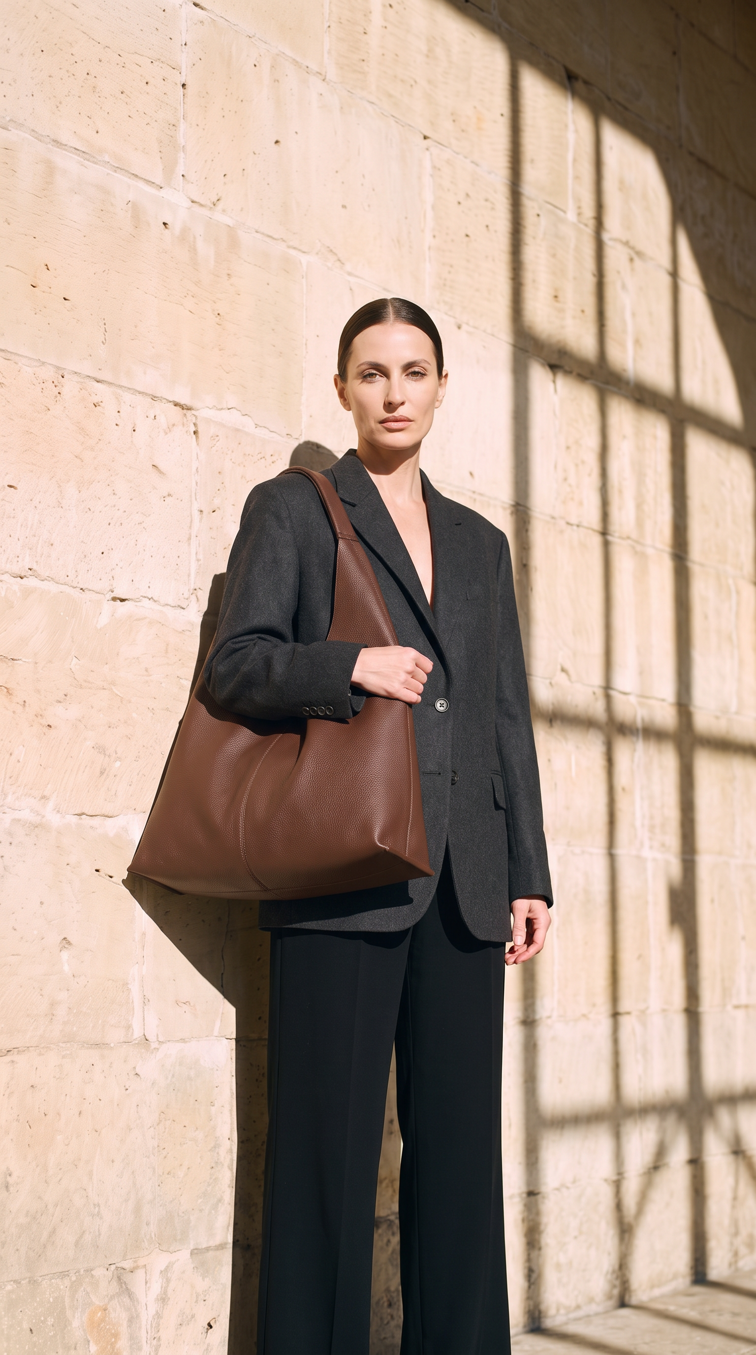 Sac HALIA marron, porté devant un mur de pierre