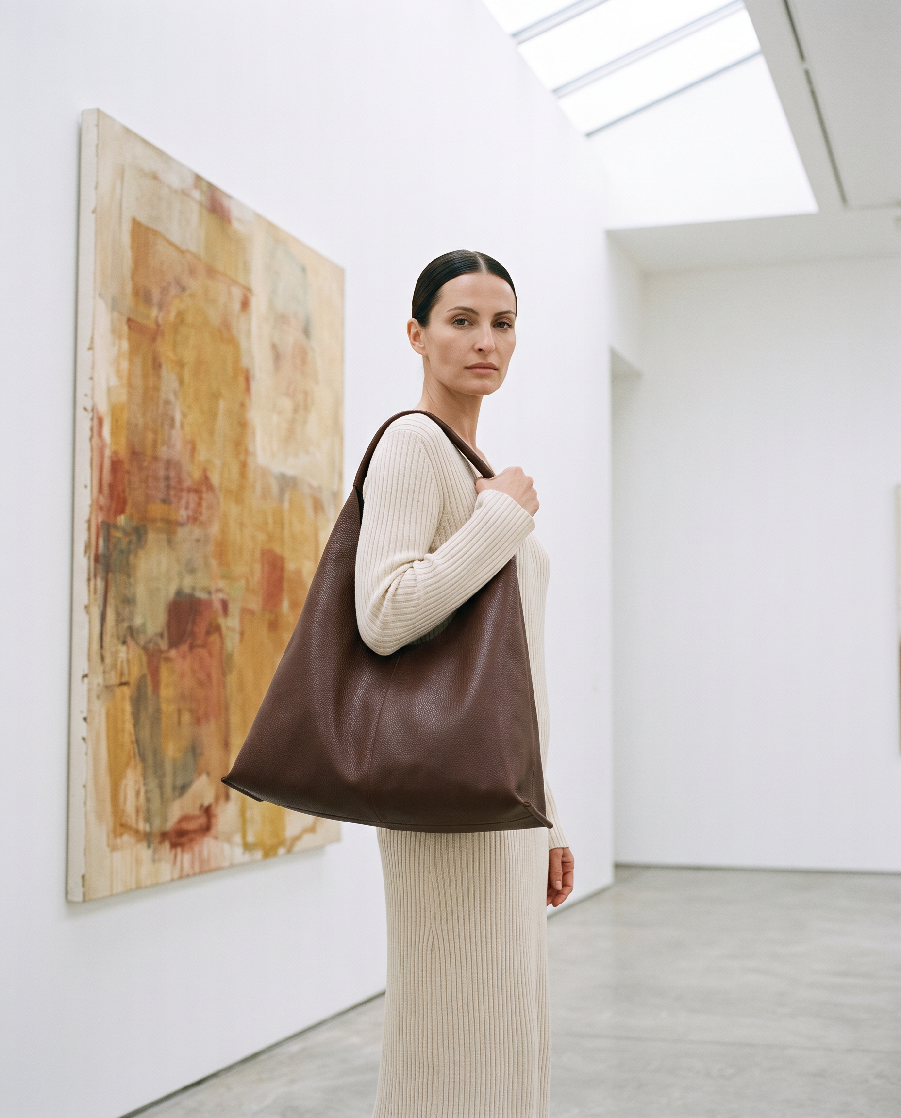 Sac HALIA marron, porté dans une galerie d'art