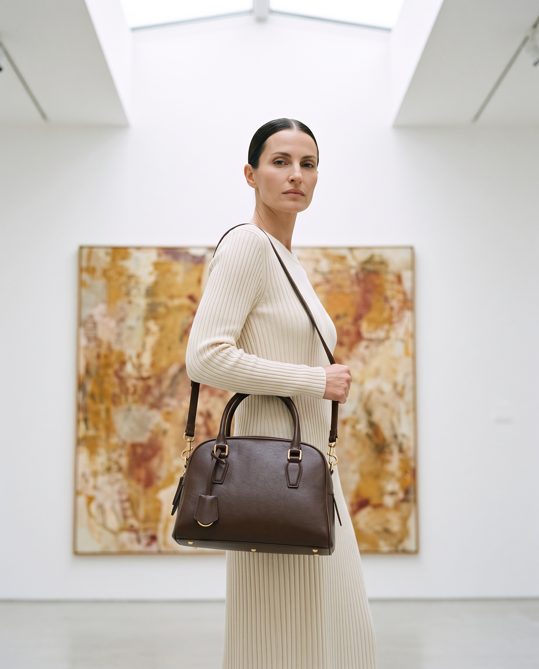 Sac IMANI marron, porté dans une galerie d'art