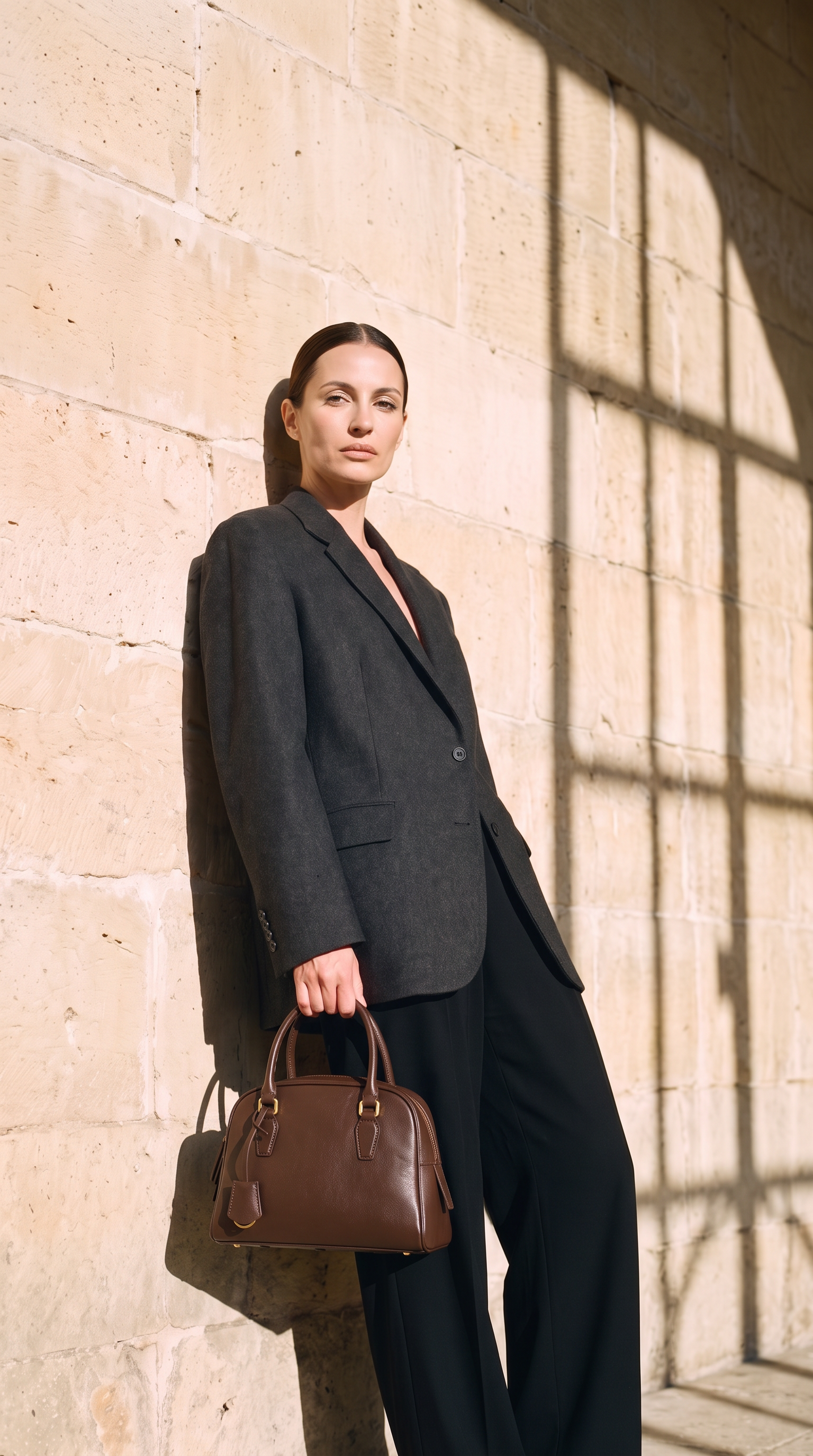 Sac IMANI marron, porté devant un mur de pierre