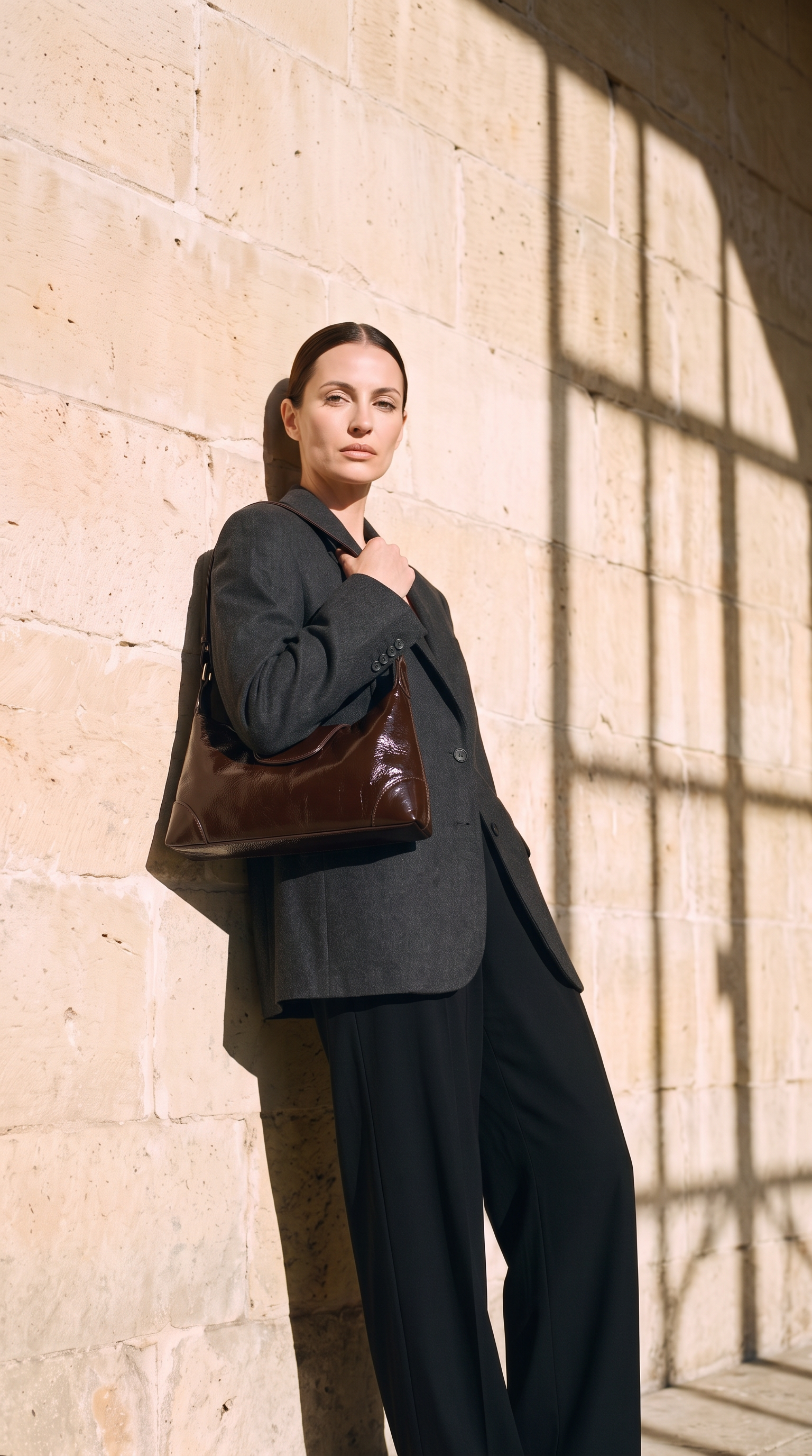 Sac JOANA marron foncé, porté devant un mur de pierre
