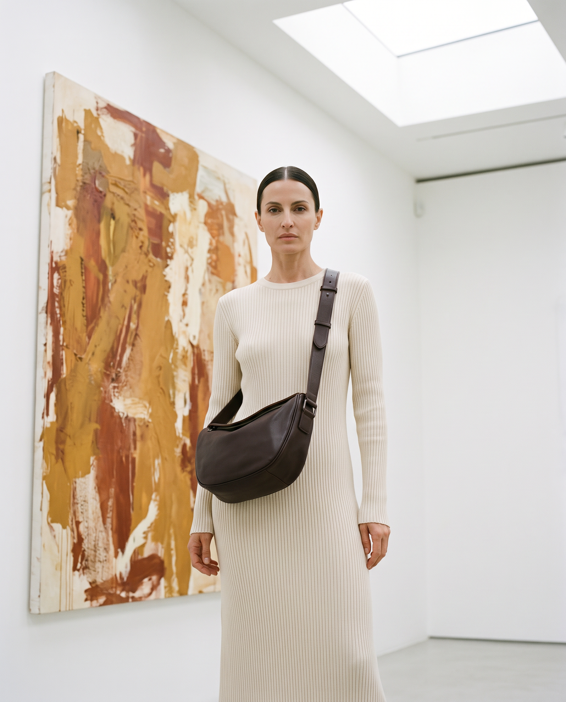 Sac OLGA marron foncé, porté dans une galerie d'art