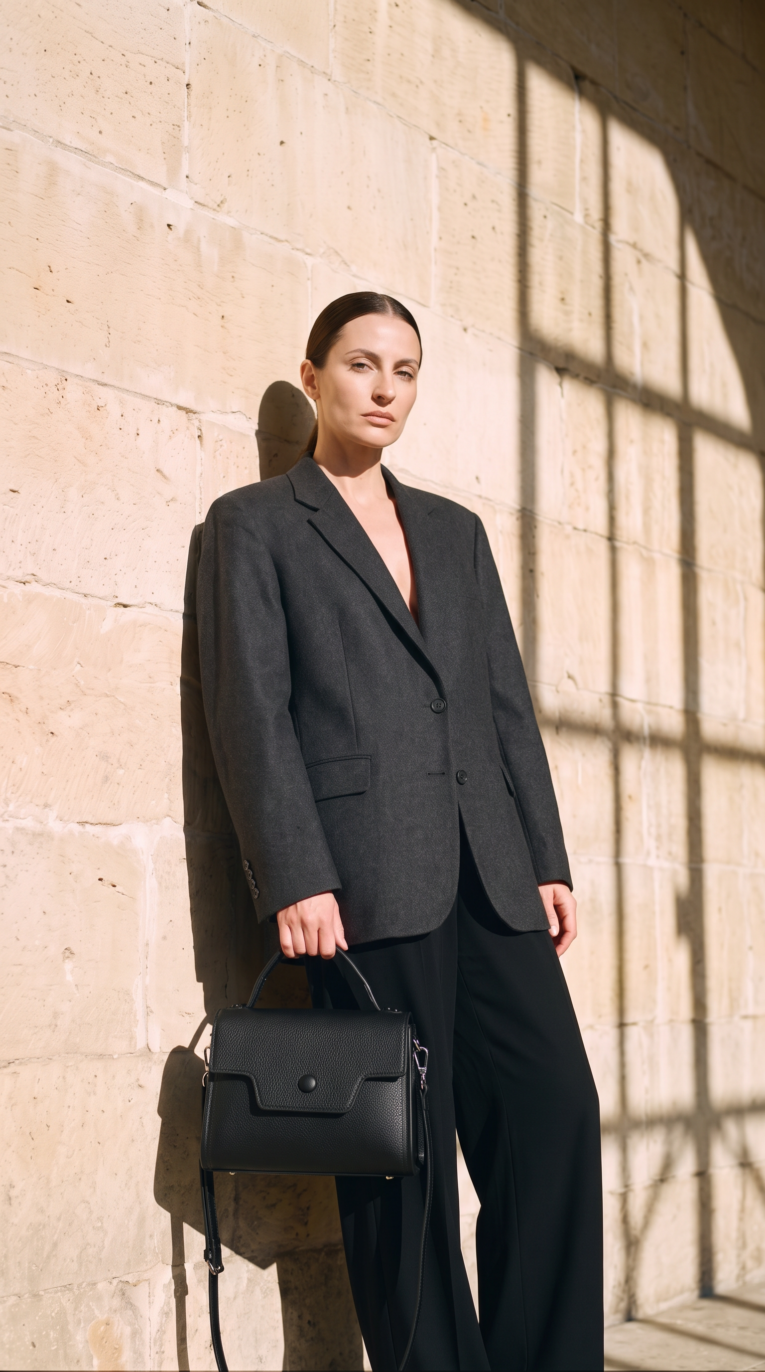Sac RENATA noir, porté devant un mur de pierre