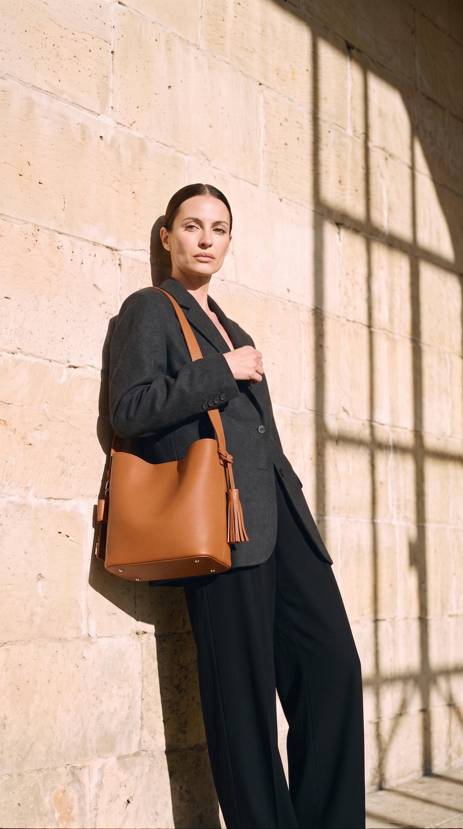 Sac PRIYA camel, porté devant un mur de pierre