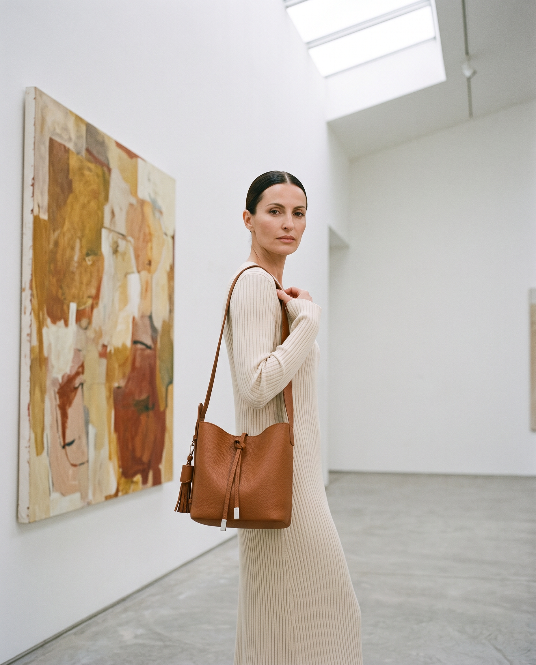 Sac PRIYA camel, porté dans une galerie d'art