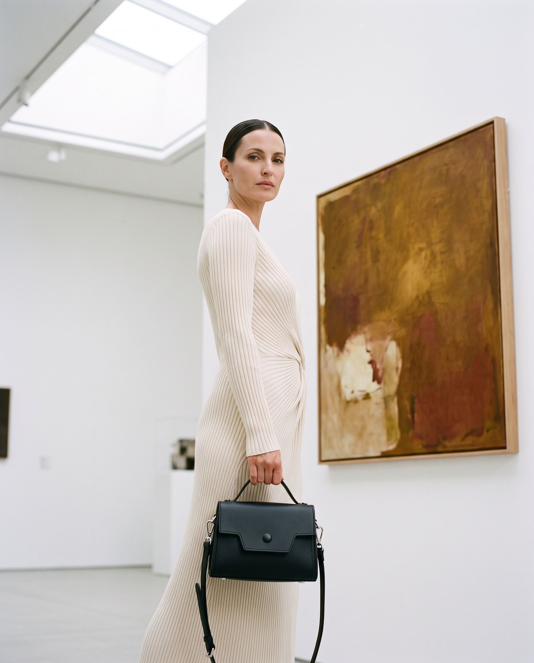 Sac RENATA noir, porté dans une galerie d'art