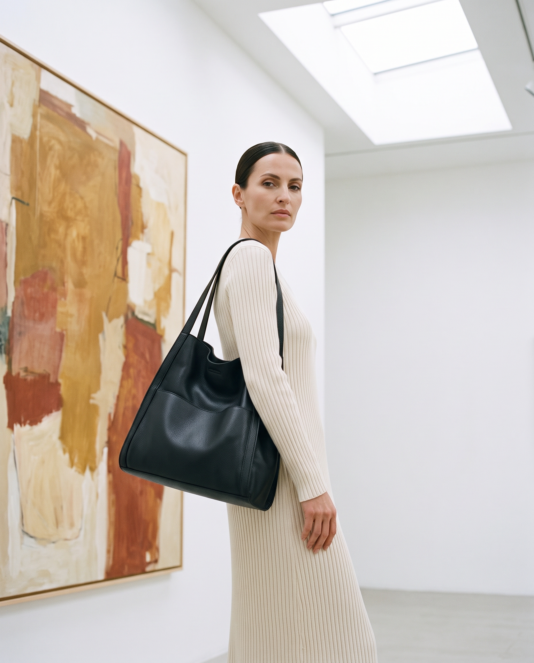 Cabas TAMARA noir, porté dans une galerie d'art