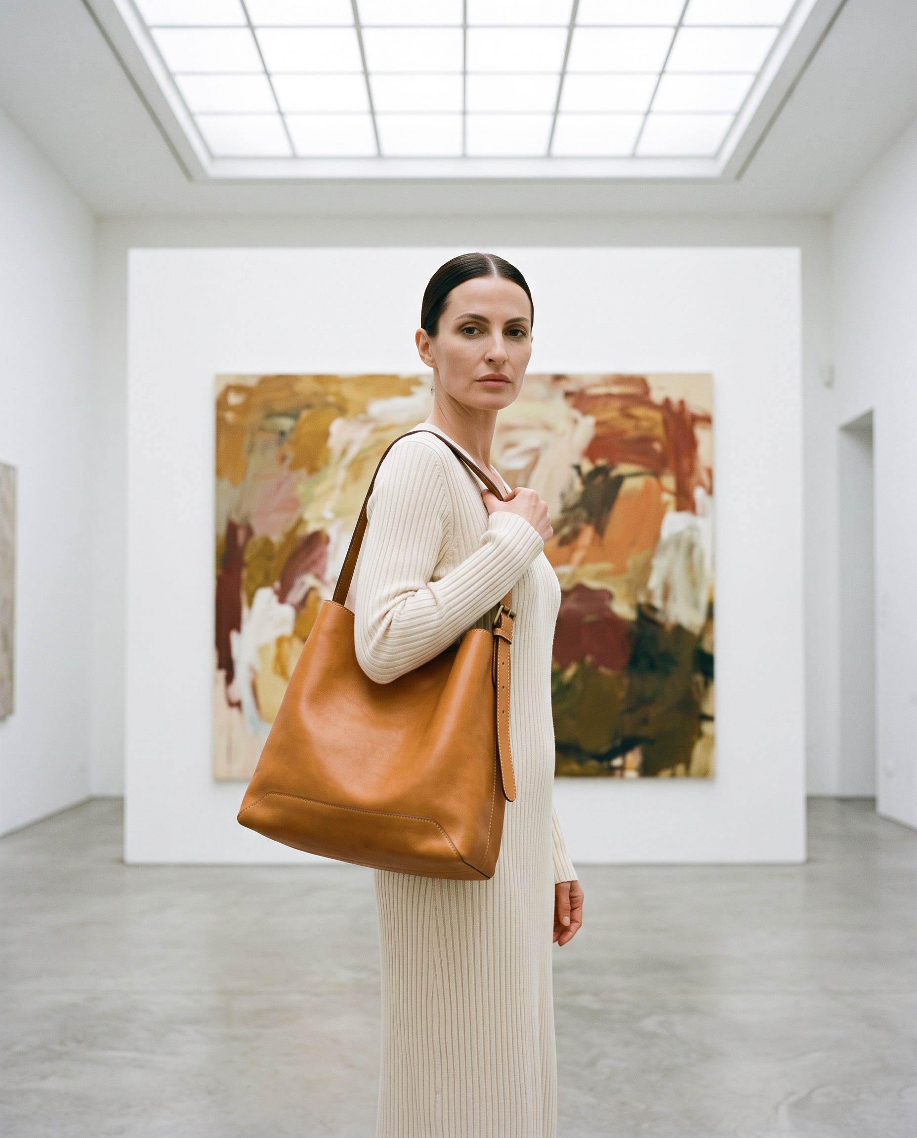 Sac VALERIA camel, porté dans une galerie d'art