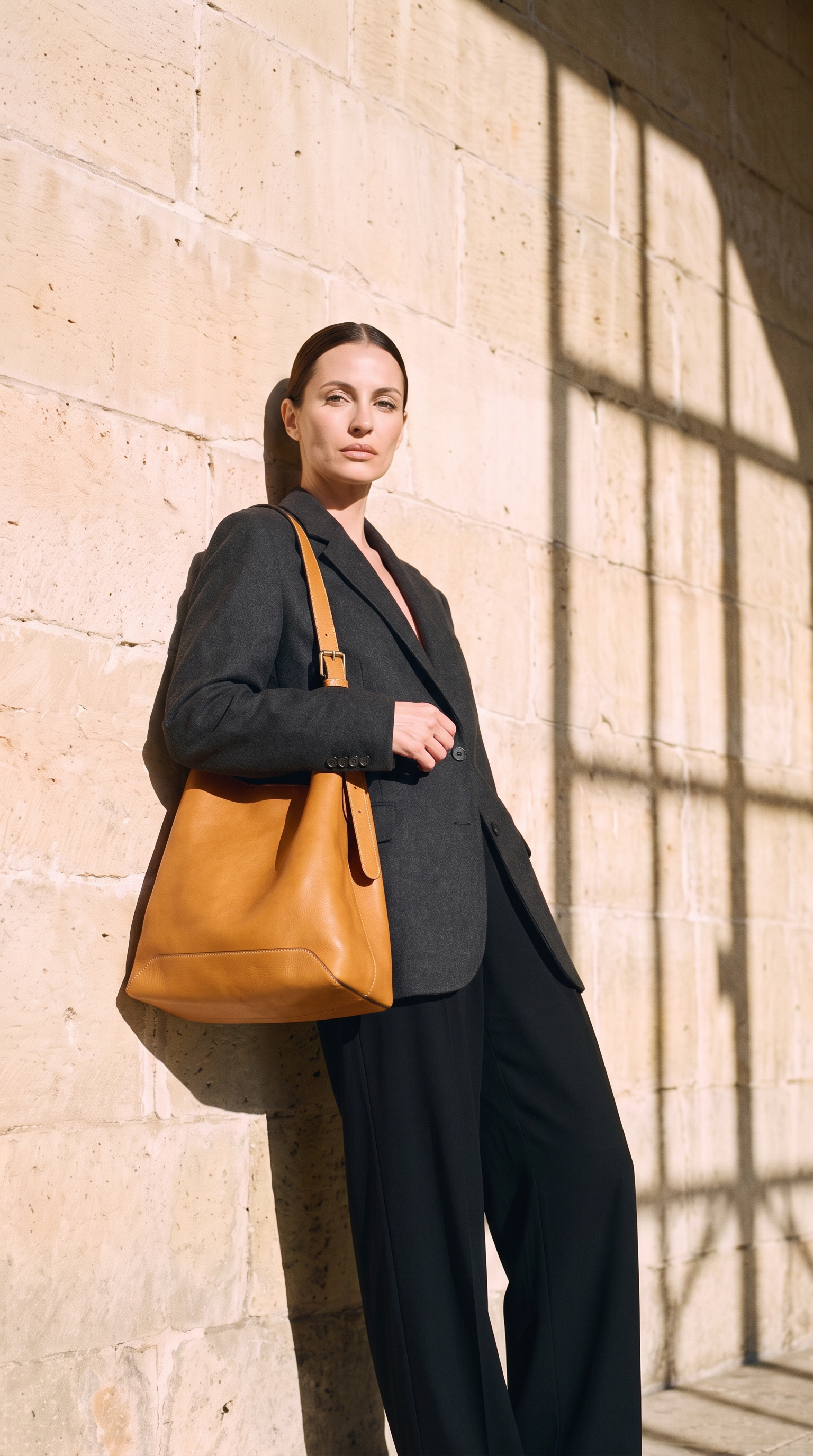 Sac VALERIA camel, porté devant un mur de pierre