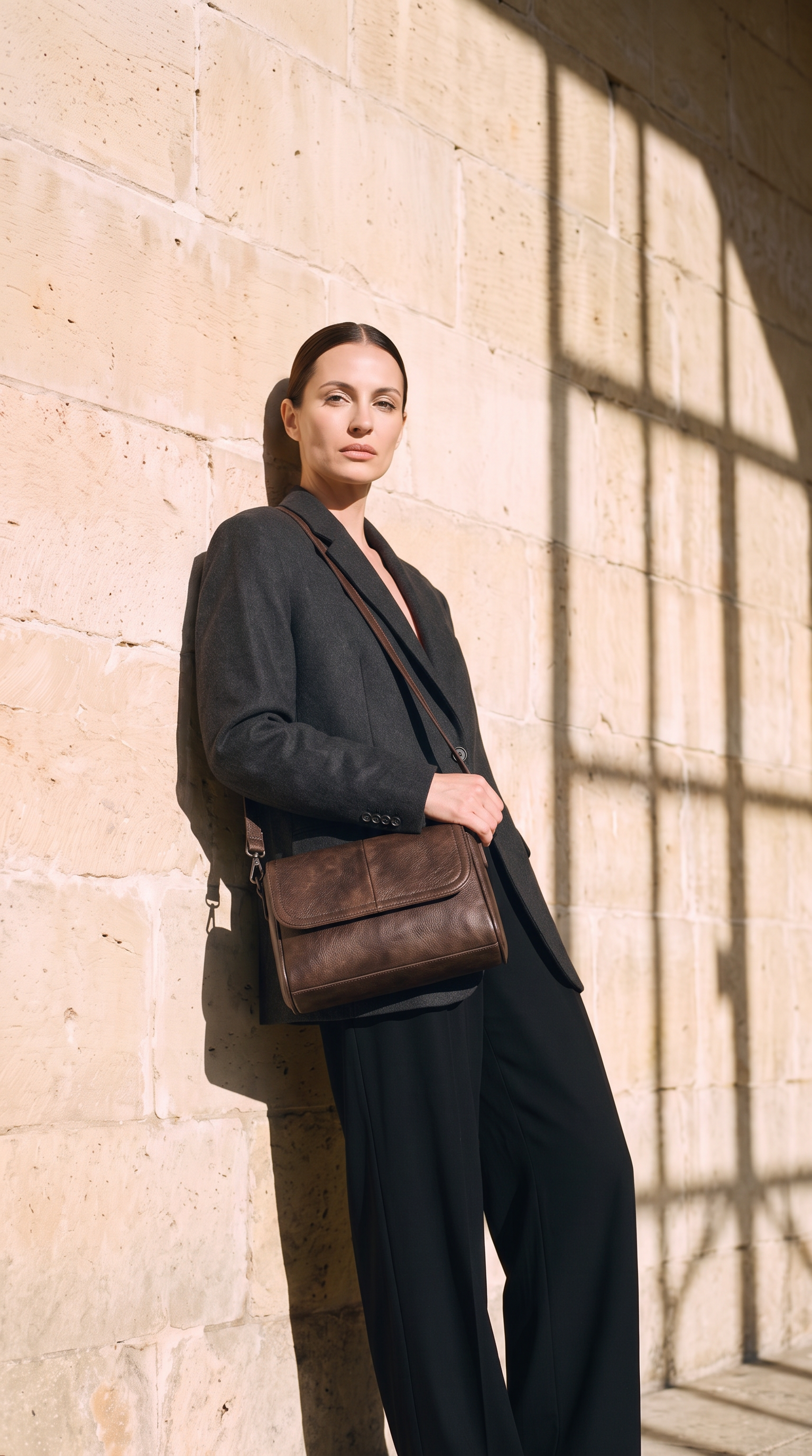 Sac YASMIN marron, porté devant un mur de pierre