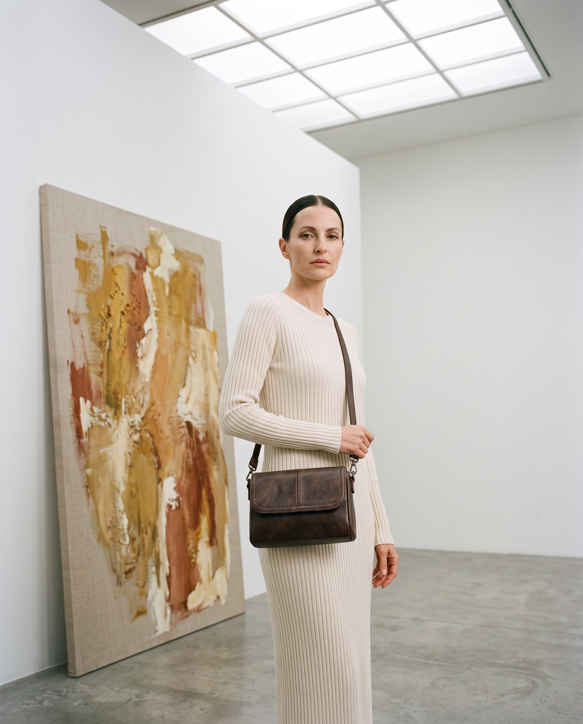 Sac YASMIN marron, porté dans une galerie d'art