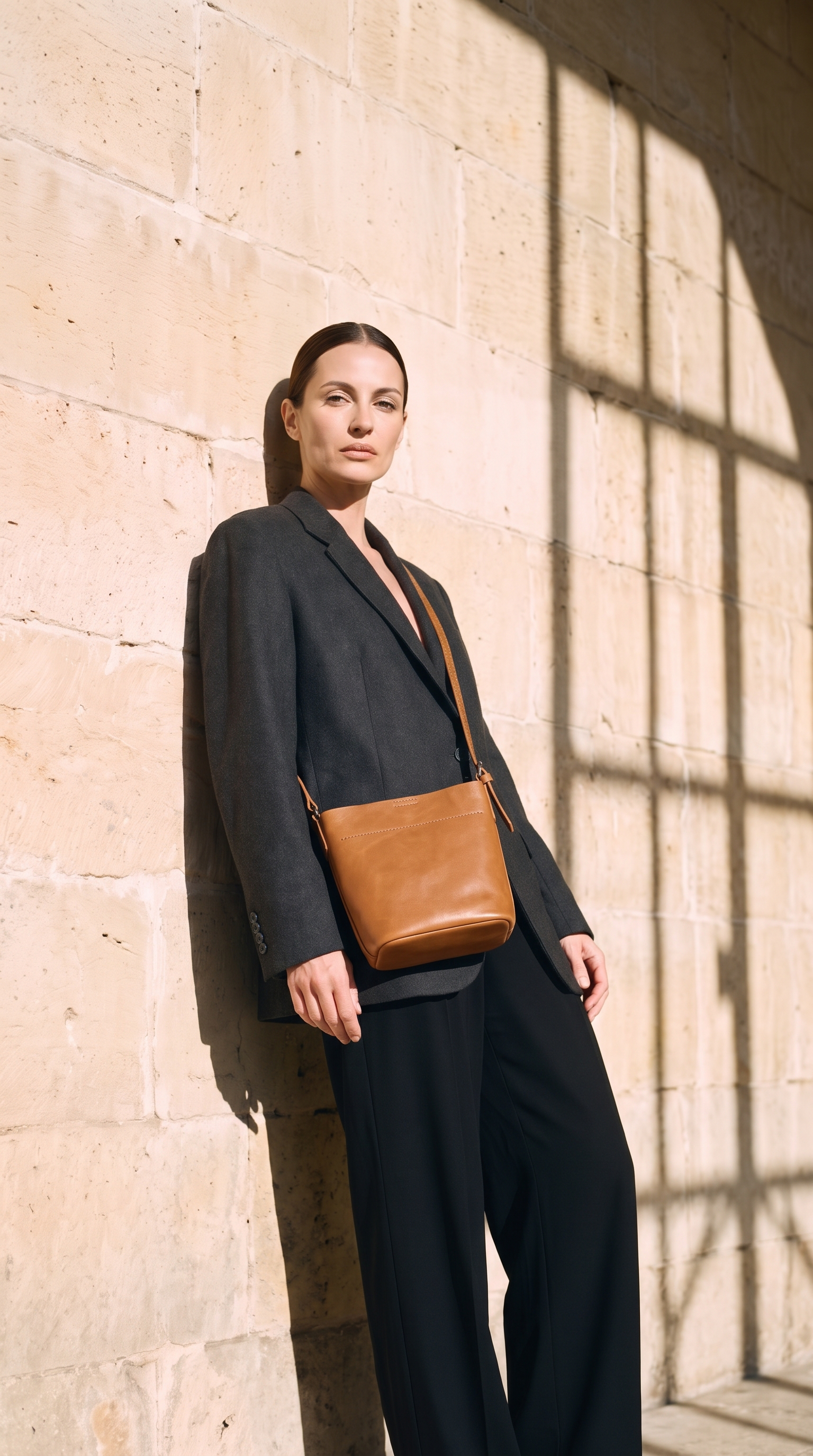 Sac SELENA camel, porté devant un mur de pierre