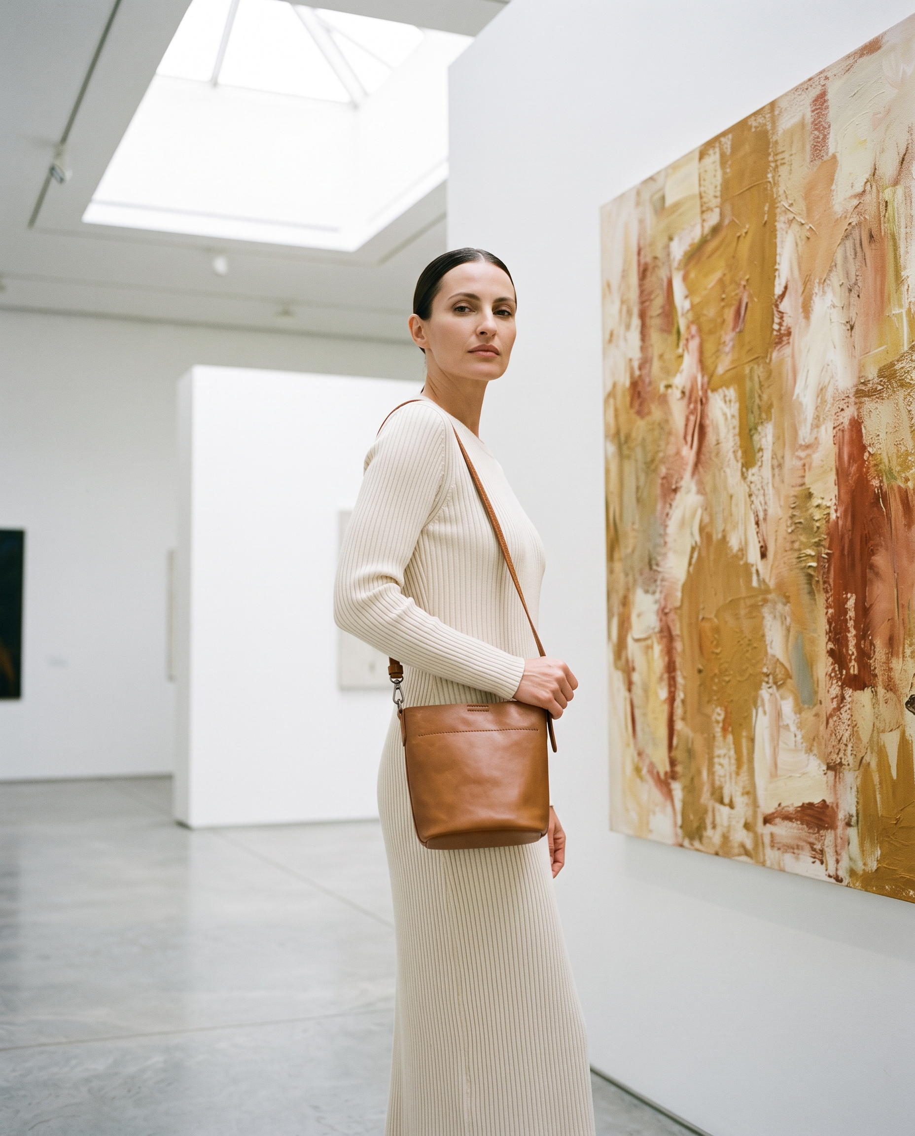Sac SELENA camel, porté dans une galerie d'art