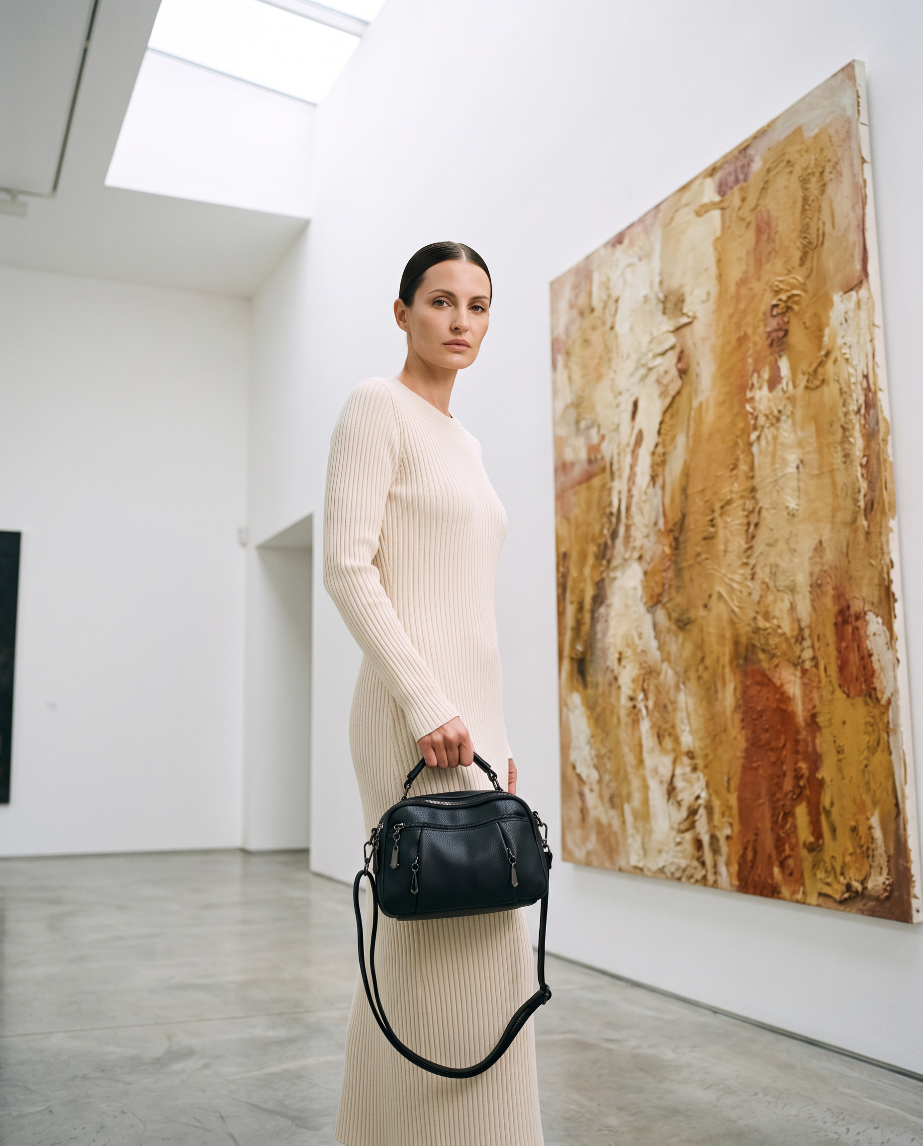 Sac TALIA noir, porté dans une galerie d'art