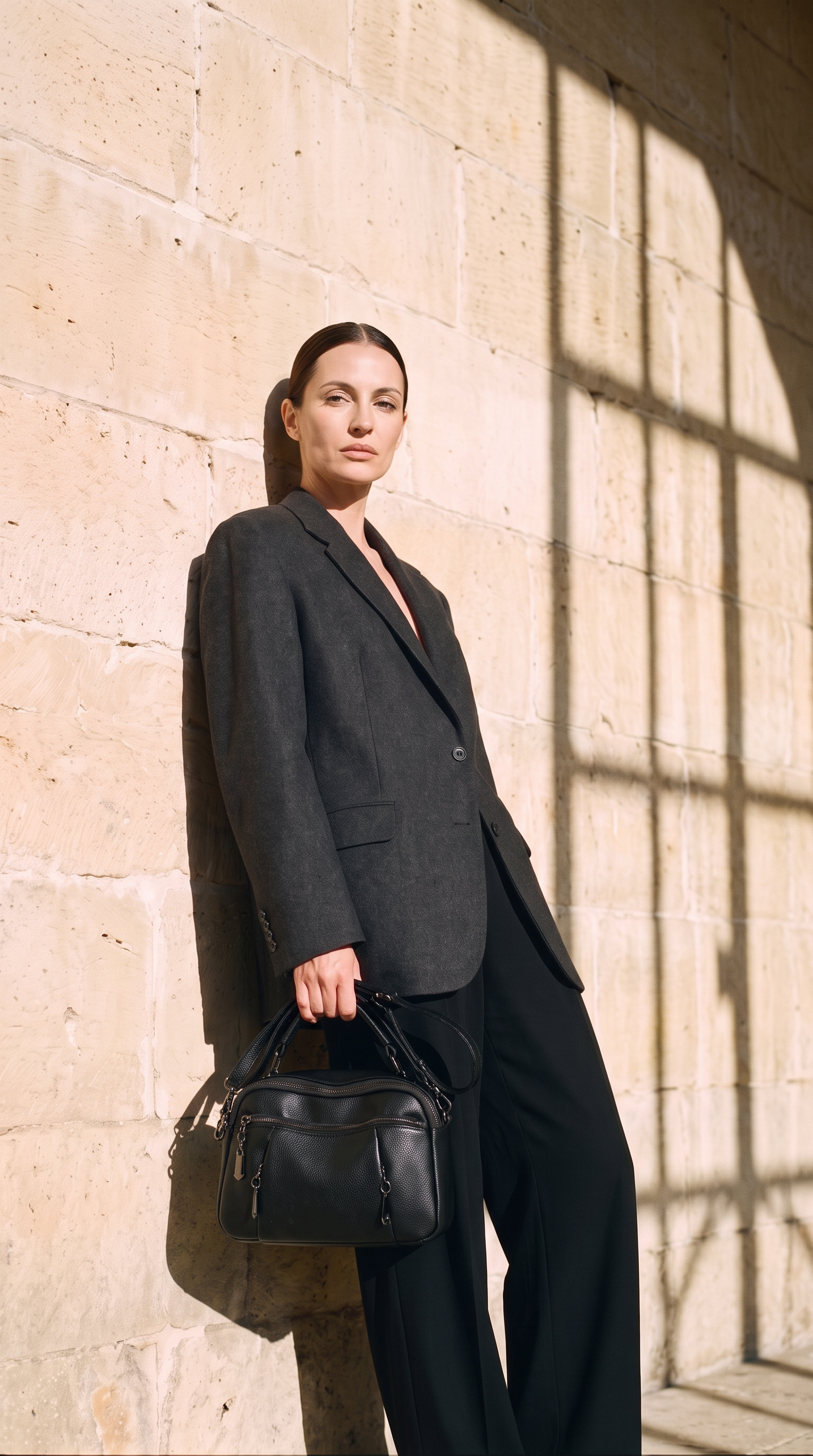 Sac TALIA noir, porté devant un mur de pierre