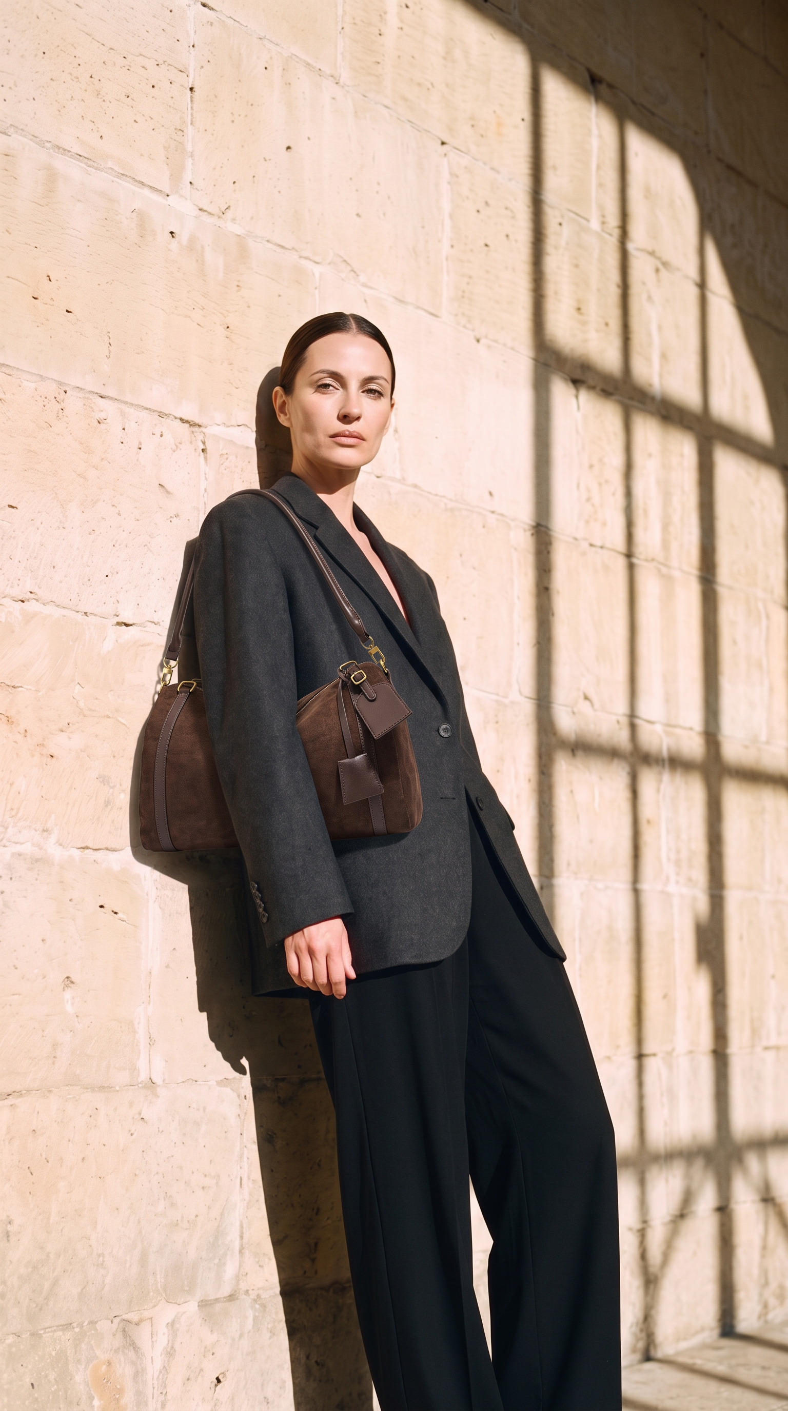 Sac VERA marron foncé, porté devant un mur de pierre