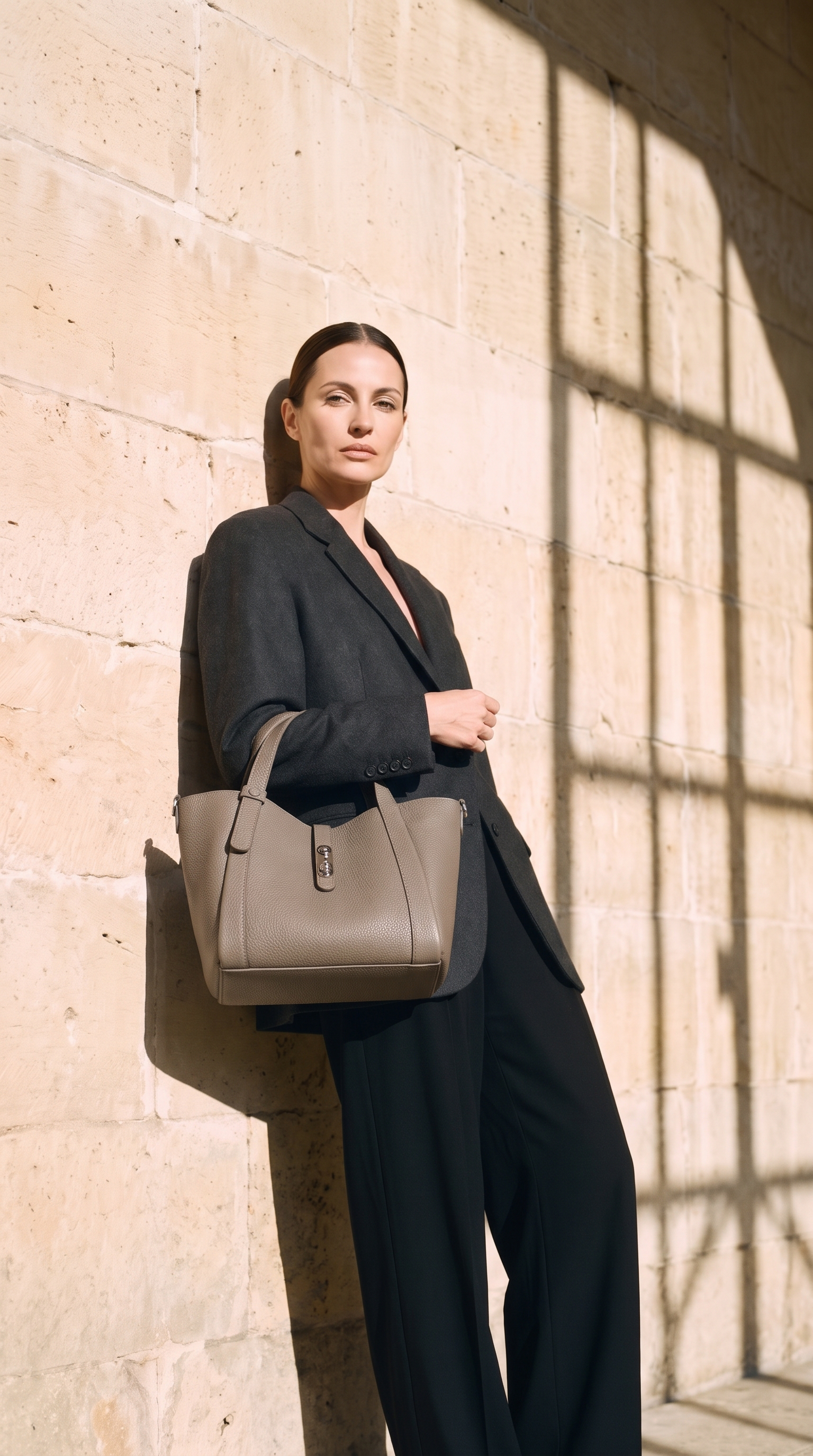 Sac XENIA, porté devant un mur de pierre